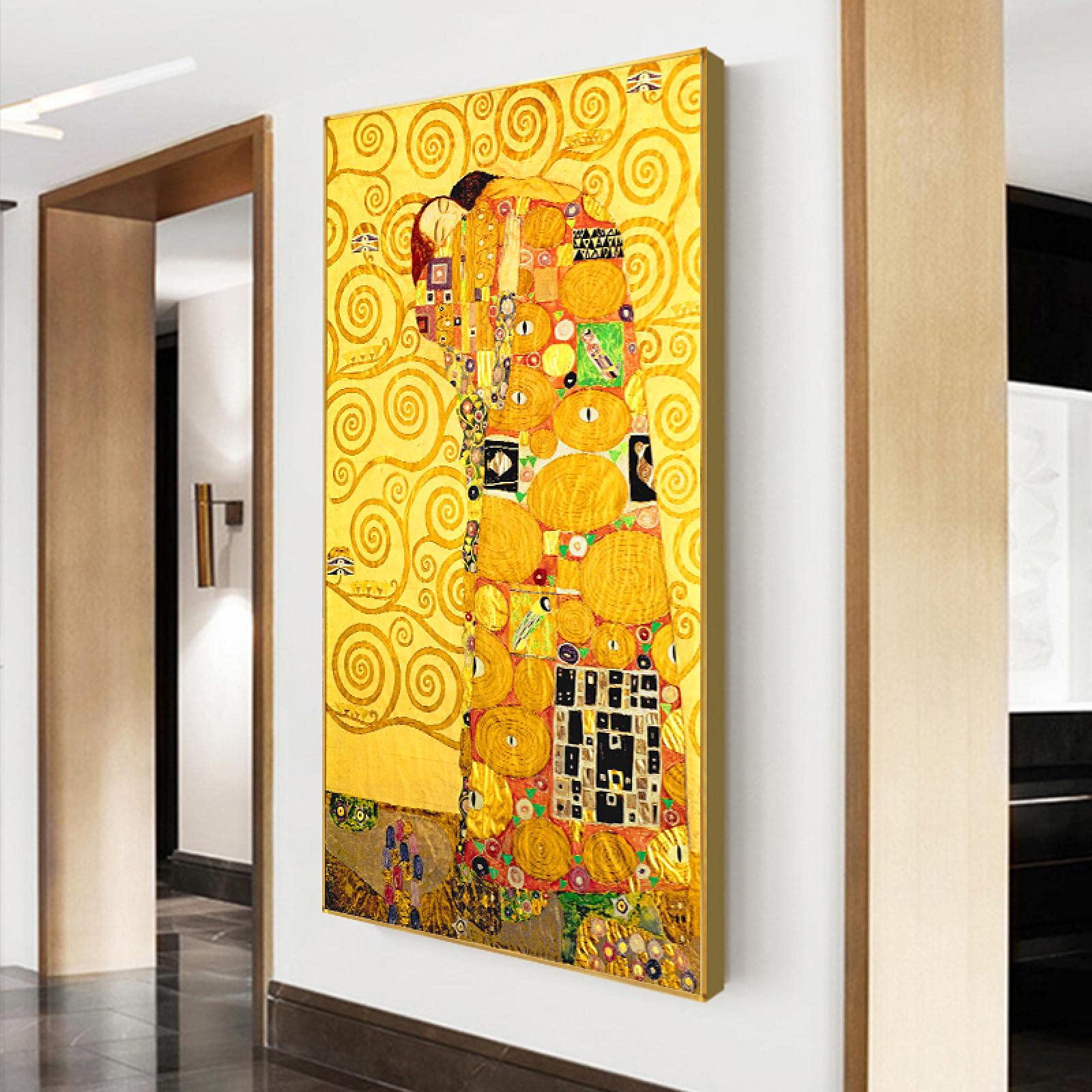 Gustav Klimt Gemälde Auf Leinwand – Goldenes Kunstwerk Mit Rahmen, 50x95 Cm, Wandbild Für Wohnzimmer & Deko