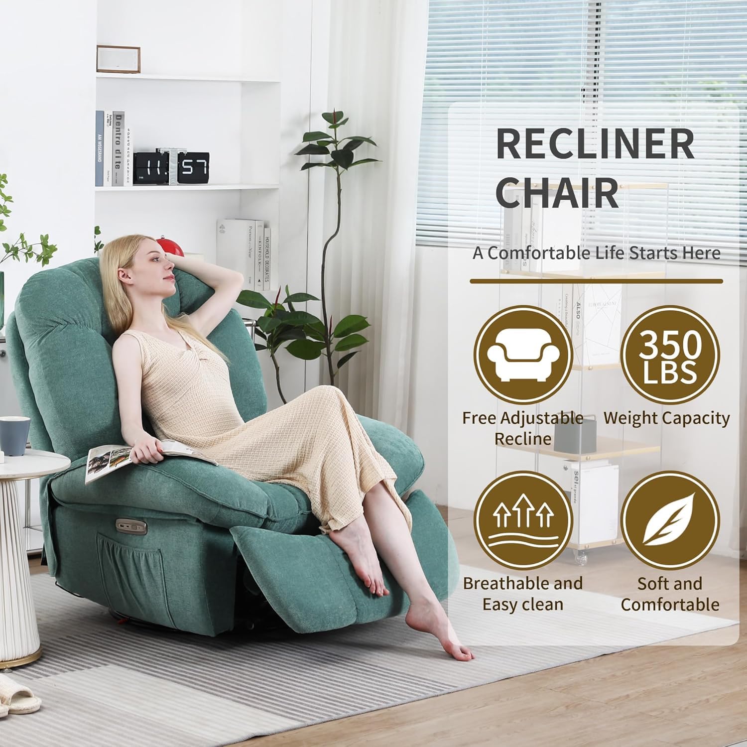 Sillón Relax Reclinable Eléctrico con Calefacción, Puertos de Carga USB-A y USB-C para Dormitorio, Salón, Estudio (Verde)