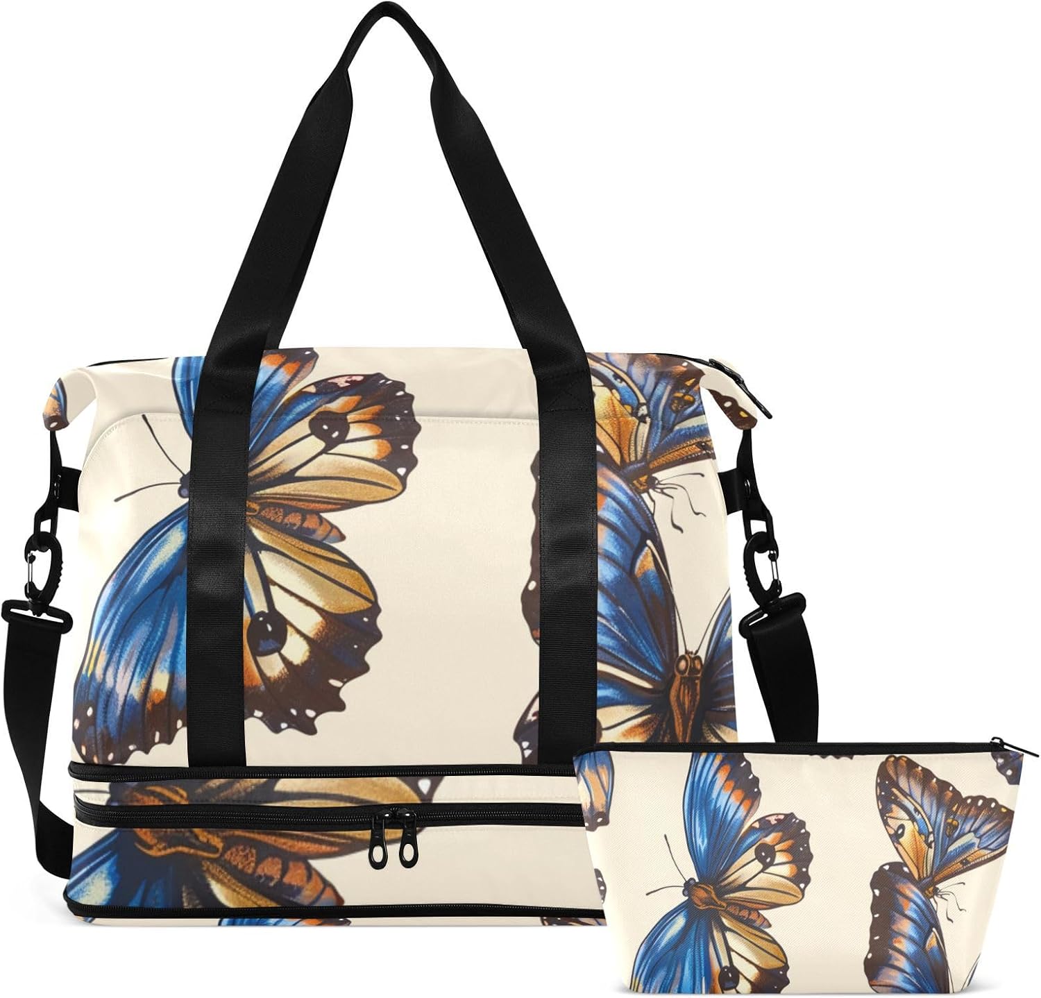 Blue-brown Butterfly Sports Tote Gym Bag Large Carry On Bag with Adjustable Strap for Trekking 2 Pcs Set