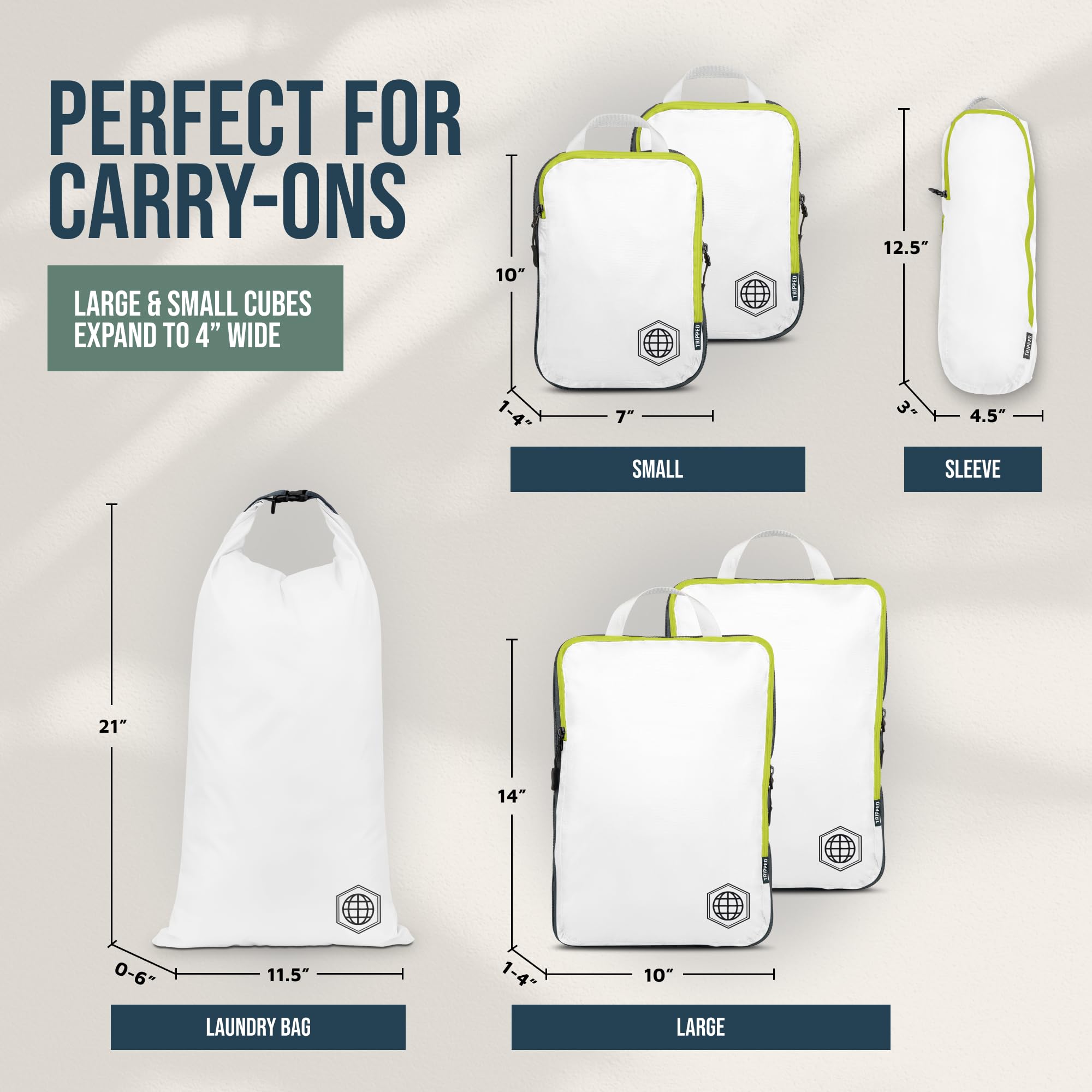 TRIPPED Travel Gear Compresión embalaje cubos 6 Piece Set Carryon equipaje resistente ligero viajes organizador bolsas con cremallera doble (blanco y verde)