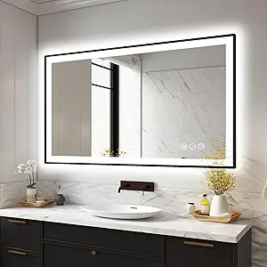 48x32 LED Bathroom Mirrors for Wall -Black Aluminum Framed (Front and Backlit), Anti-Fog Vanity Mirror With Lights,Stepless Dimmable Lighted Mirror,3 Colors Smart Mirror(Horizontal/Vertical)