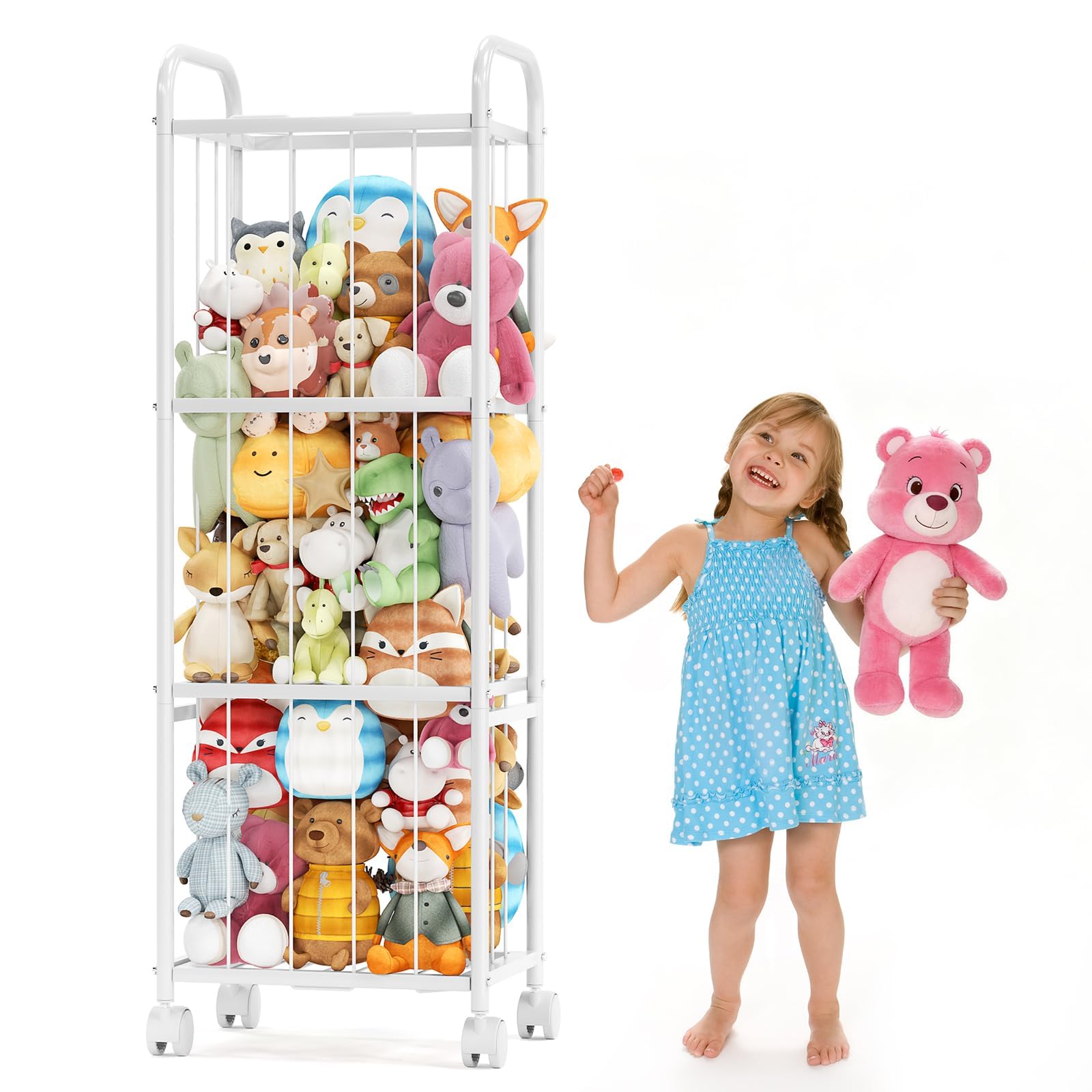 Stuffed Animal Storage Metal Tube Extra Large Toy Storage Organizer with Brake Wheels, Stuffed Animal Holder Zoo Organizer for Nursery Playroom Kids