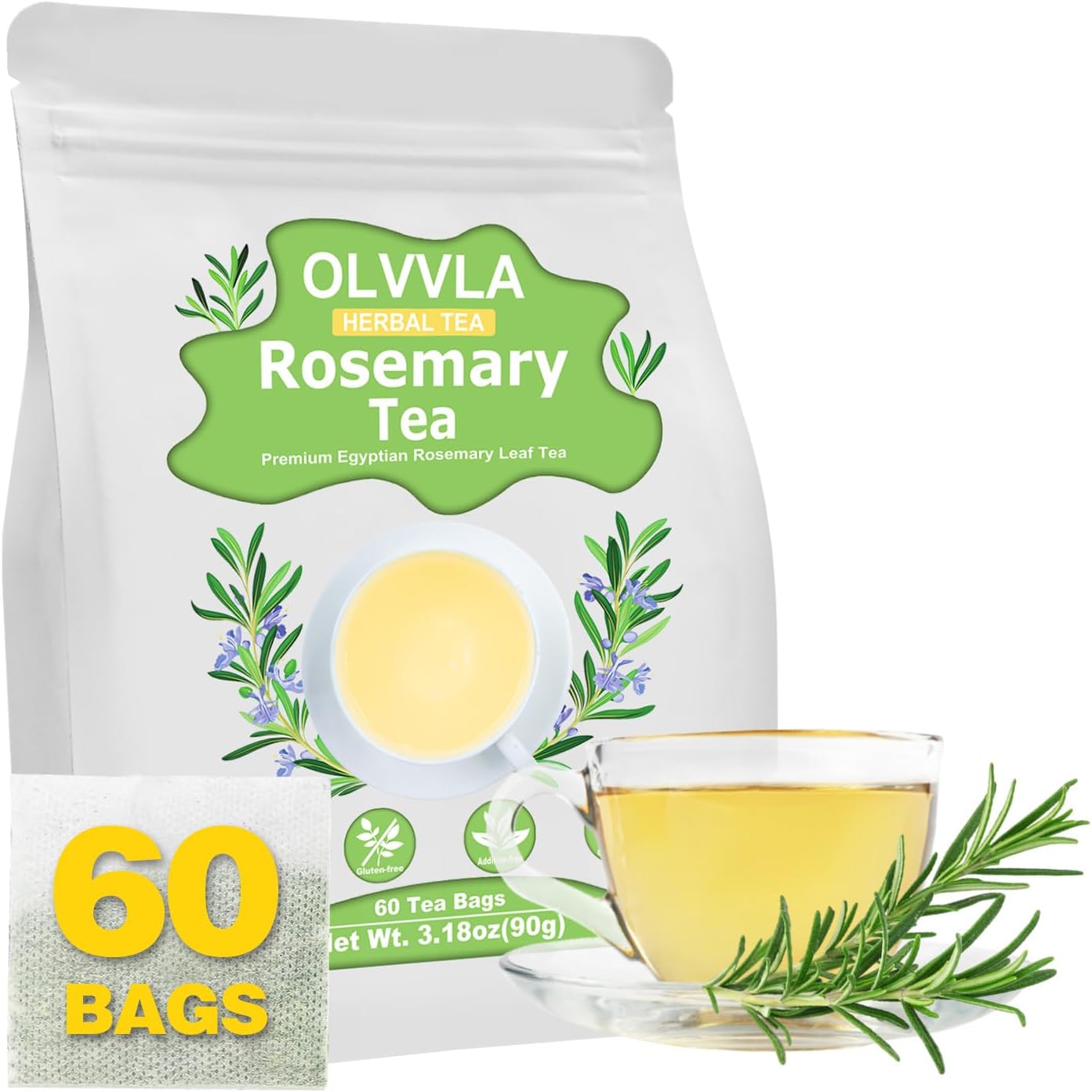 Olvvla - Rosemary Tea Bags - 1.5g X 60 Count - Pure Natural Dried Rosemary Leaves - Cultivated in Egypt - Non-GMO - Caffeine-free - Support Digestion