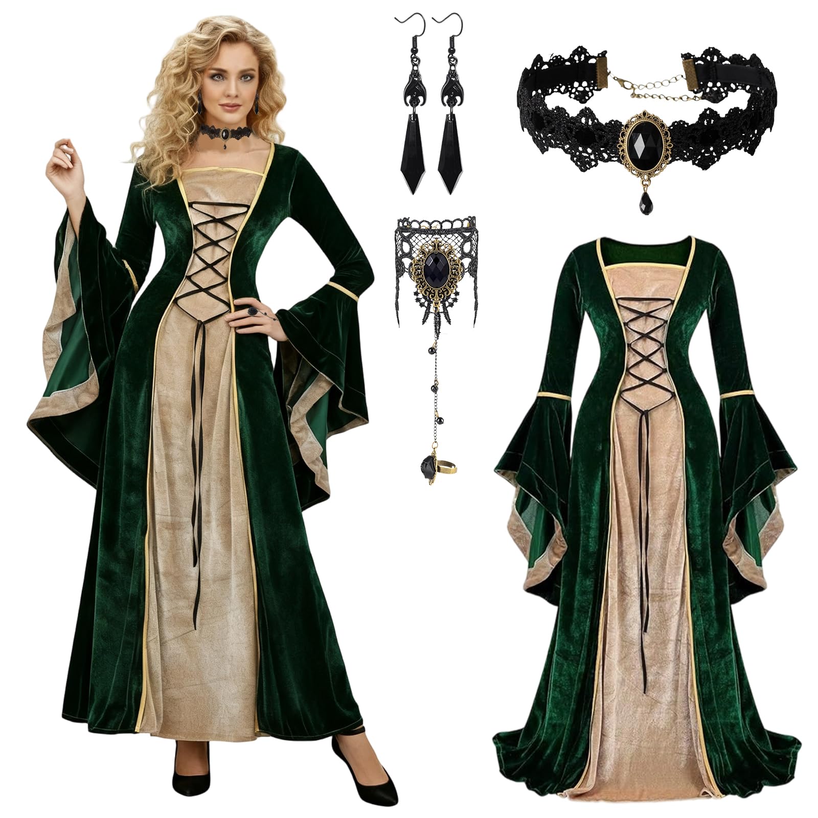 Disfraz Medieval Mujer, Vestido Medieval Mujer con Collar y Pendientes, Ropa Renacentista, Traje Medieval con Mangas Acampanadas, Disfraces Carnaval para Fiesta Cosplay, Halloween Verde S