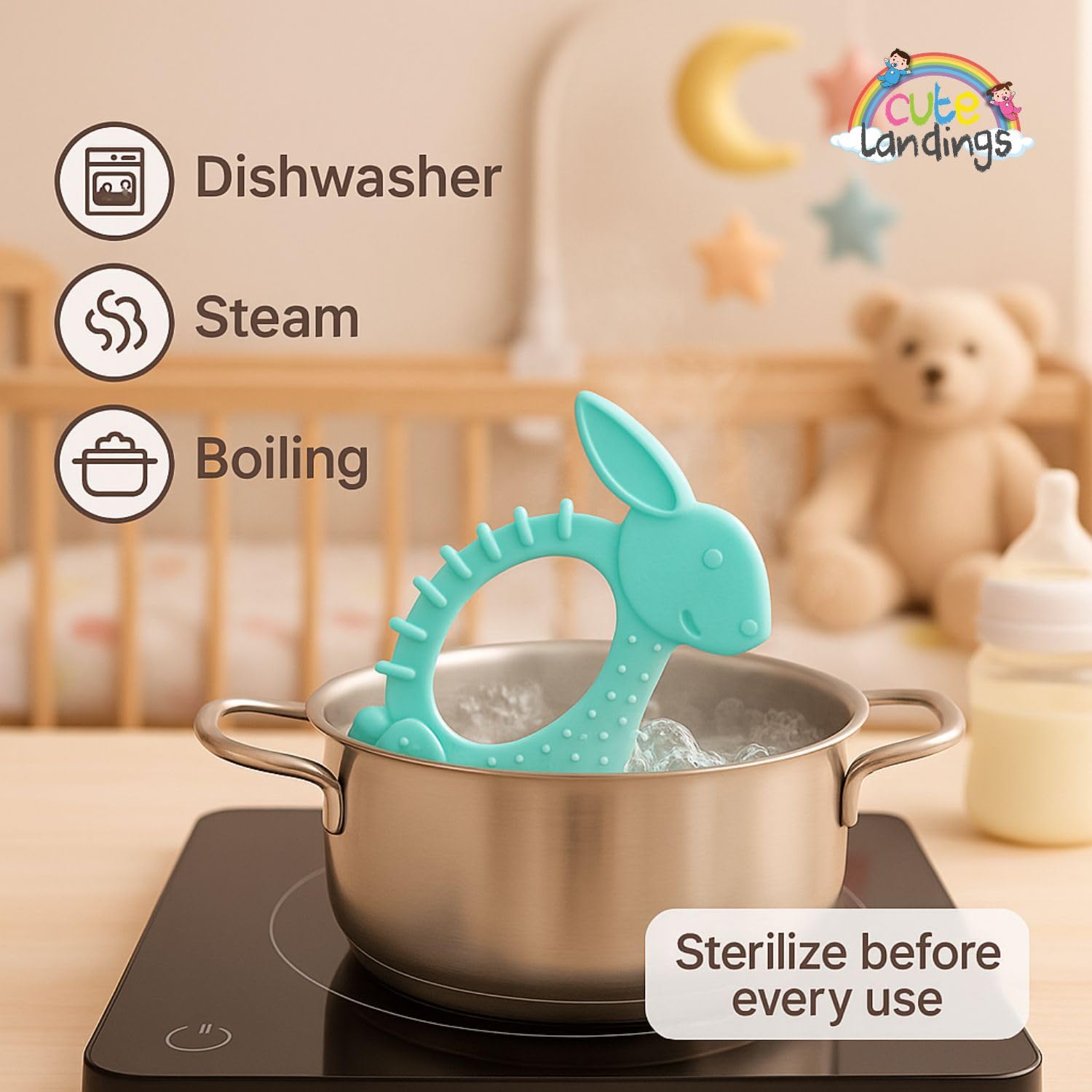Cute Landings Silicone Teething Toy for Newborn Baby Girls & Boys | BPA-Free, Food-Grade | Gum Relief, Chewing Aid |Teether| Easy-to-Grip Essentials (3+ Months) 4