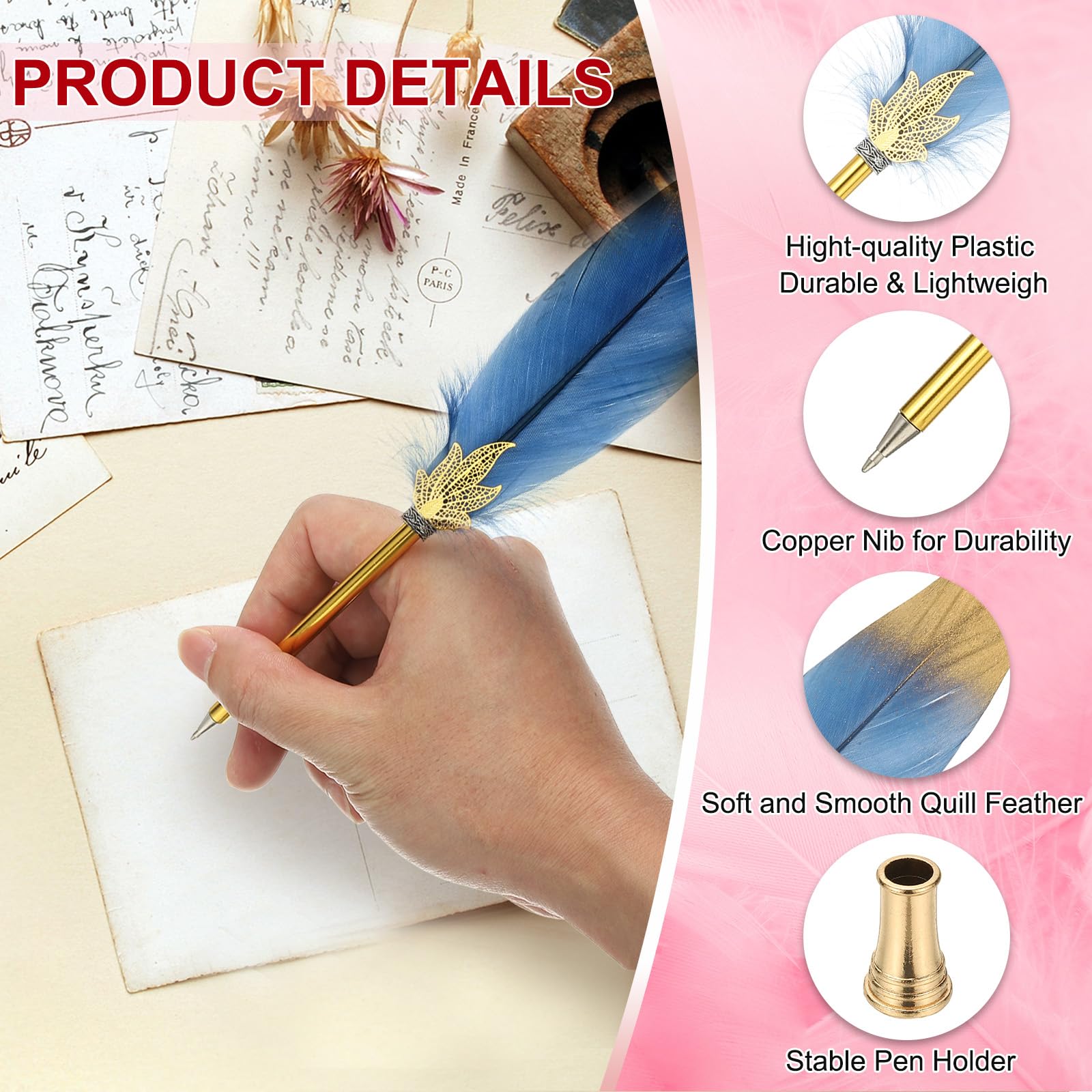 PATIKIL Feather Pen Quill, Feather Ballpoint Pen Bulk Refined Vintage Feather Calligraphy Pen with Golden Pen Holder for Guest Signature Wedding Bridal Office Writing, Navy Blue - Image 3