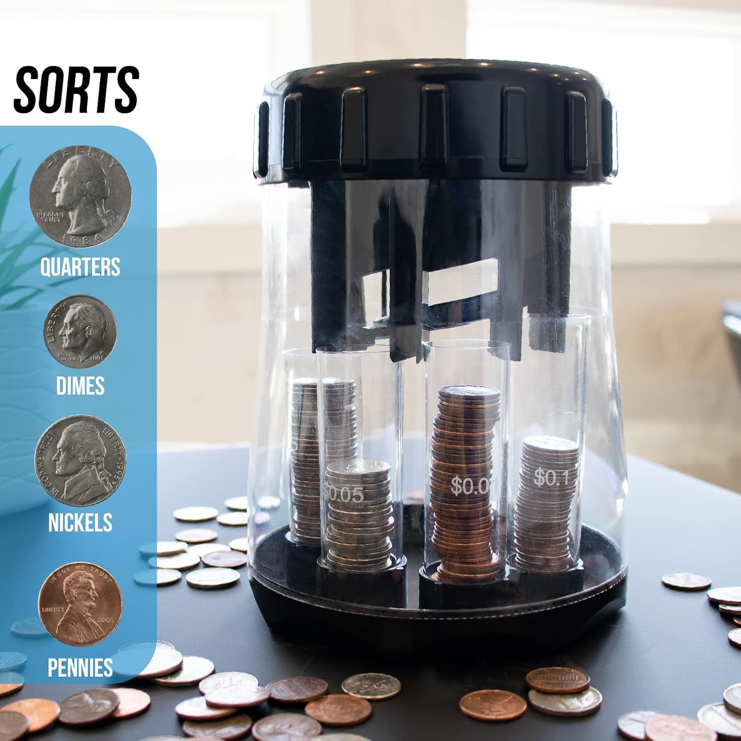 Teacher's Choice Digital Coin Counter Automatic Coin Sorter - 2020 Version - Digitally Keeps Count of and Automatically Sorts U.S. Coins into Individual Tubes, with 20 Coin Wrappers Included (Black)
