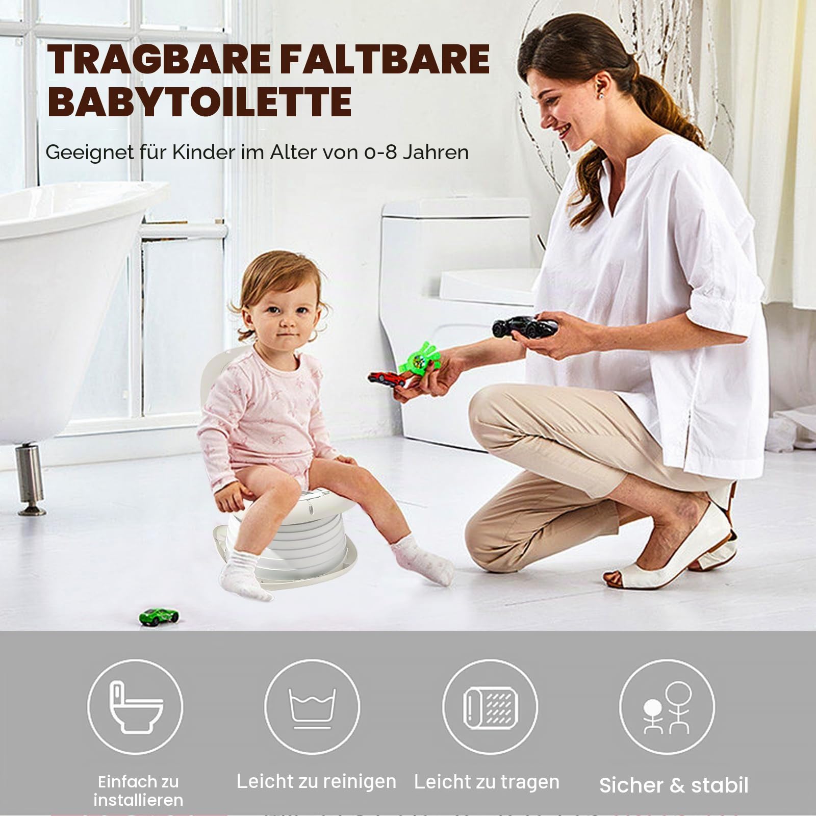Faltbarer Toilettensitz für Kinder, Reisetöpfchen für Auto, Outdoor & Indoor, Praktisch für Camping & Unterwegs, Kompakt und Tragbar Kinder Klapptoilette rosa (Hochwertiges Grau)