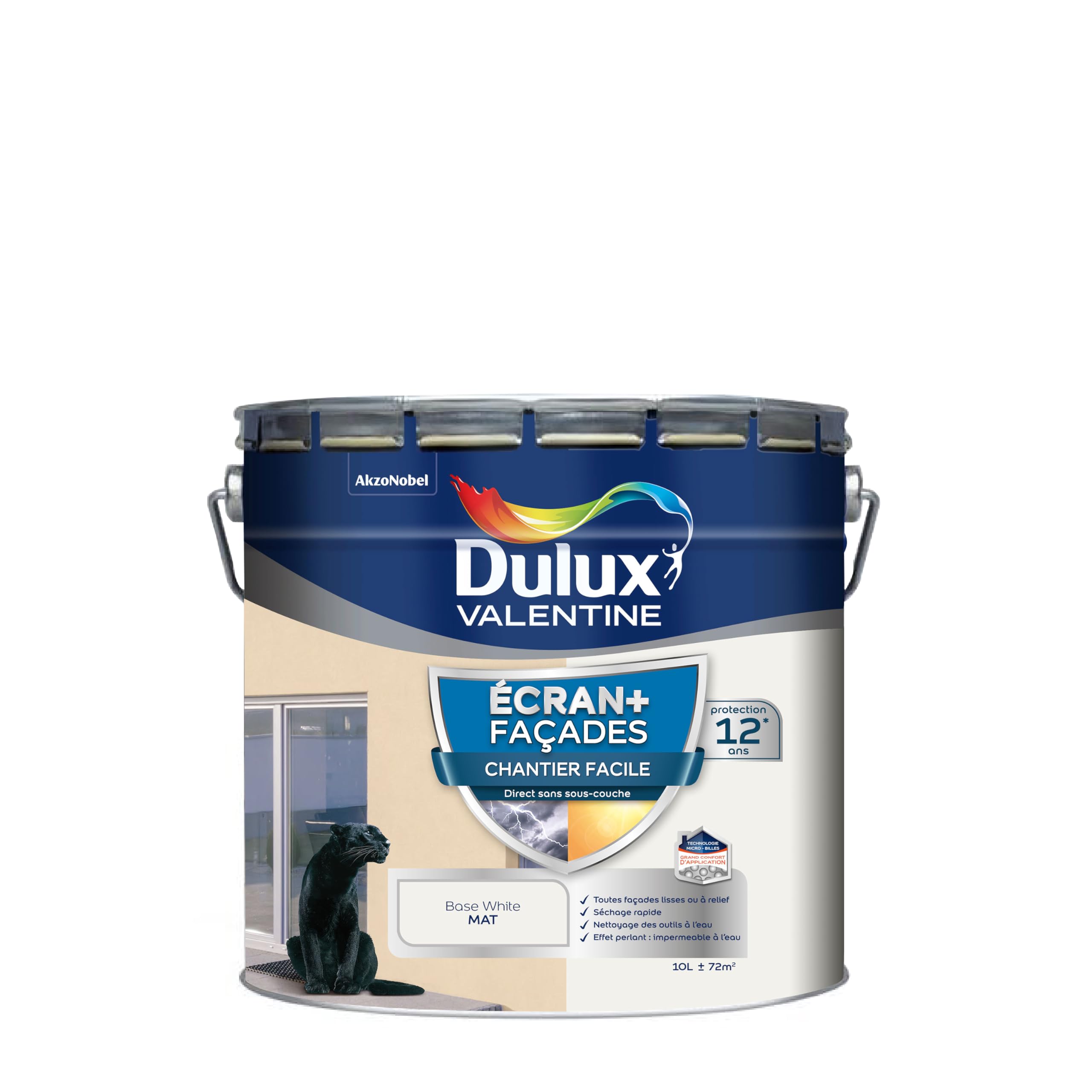 Dulux Valentine ECRAN+ CHANTIER FACILE FAÇADE - Peinture en Phase Aqueuse pour Façades - Séchage rapide et grand confort d'application - Mat Blanc 10L