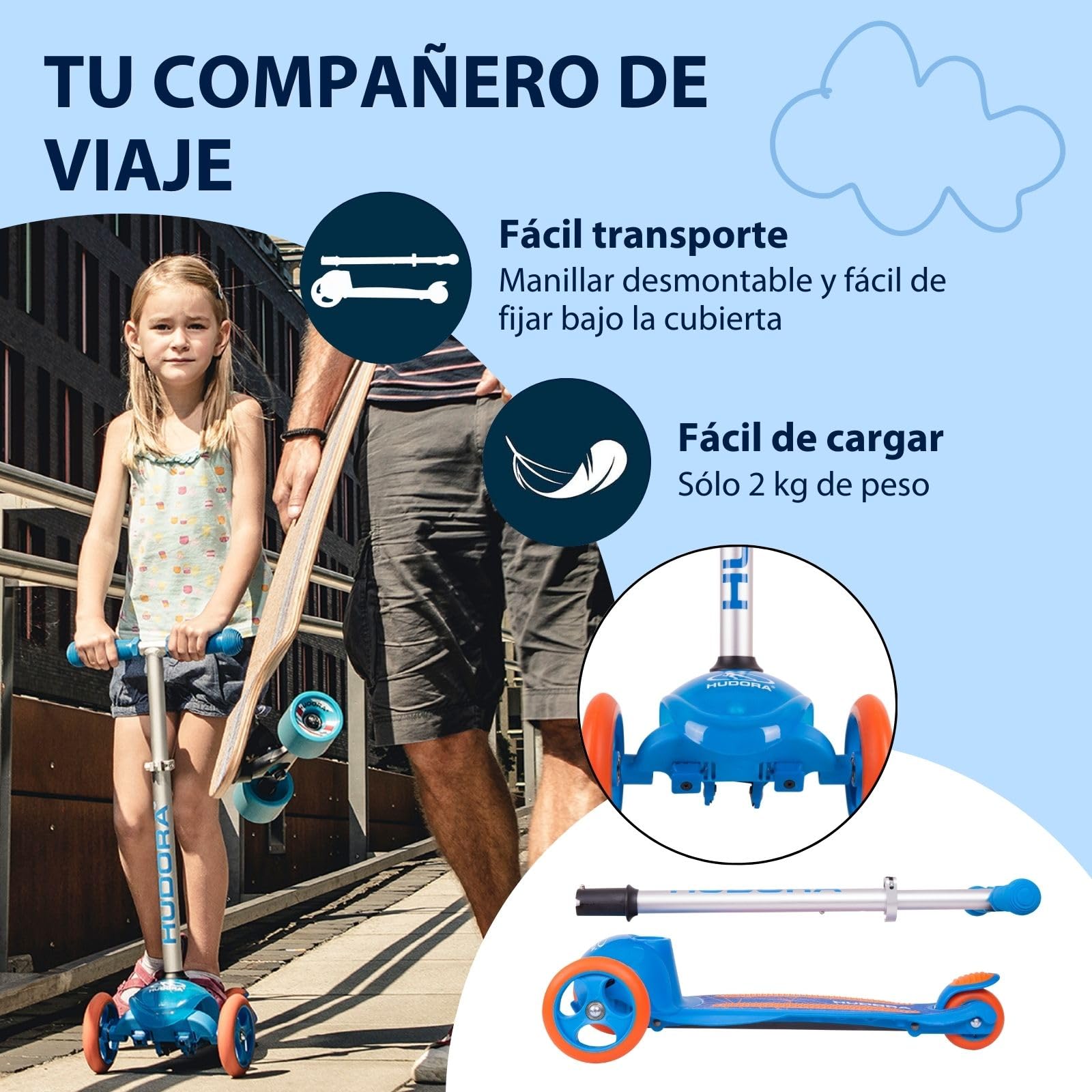 HUDORA Scooter Flitzkids 2.0 I Patinete para niños resistente con amplia plataforma I Scooter de tres ruedas mini ajustable en altura y portátil para hasta 50 kg I Patinete de aluminio para niños