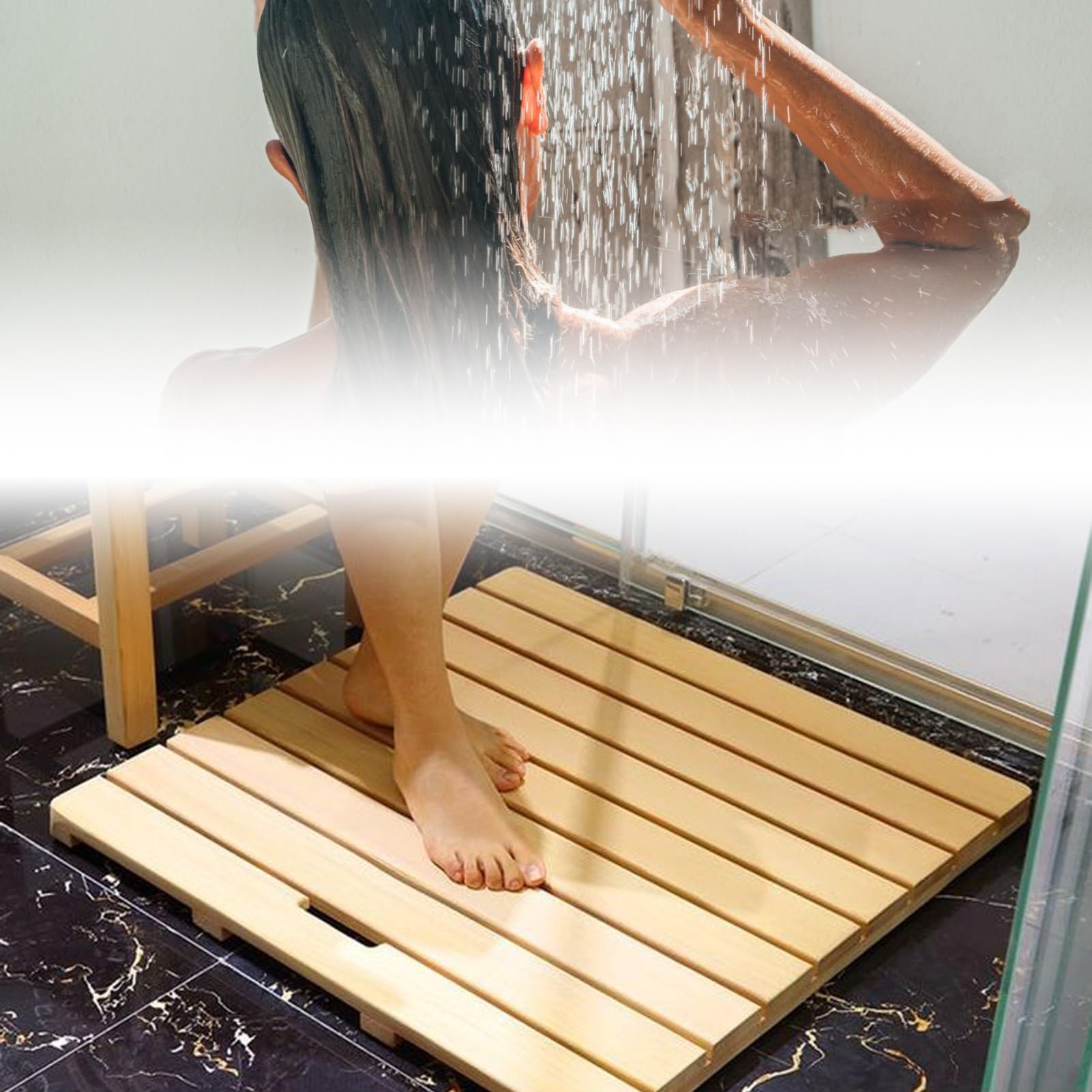 QIYFOZ Customizable Waterproof Natural Wood Bath Mat 20-36in, Slatted Shower Mat with Handle, Durable Eco-Friendly Design for Bathtub, Unpainted, 24x38in Size