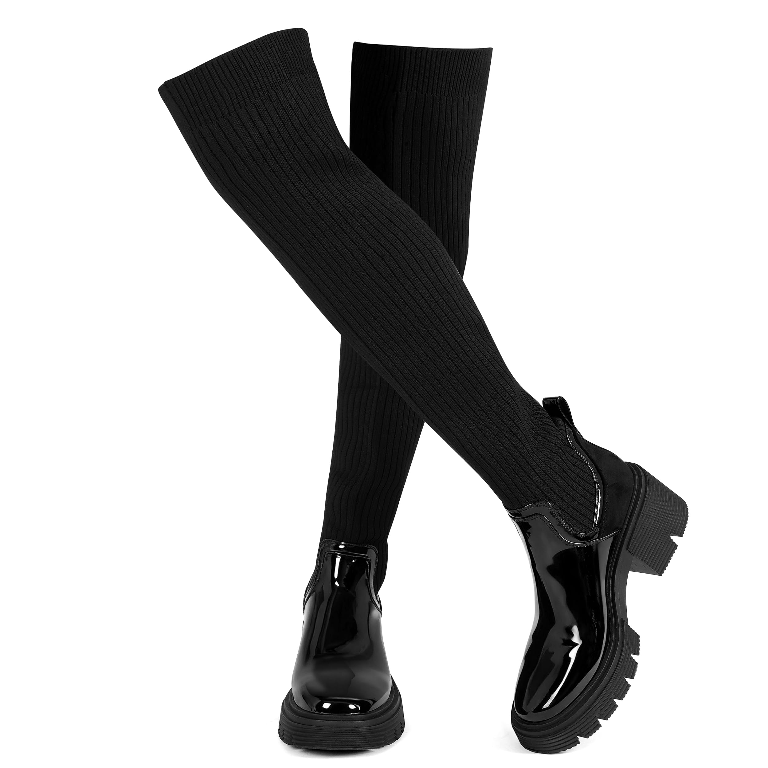 ErikenUrben Women Black Thigh High Boots Suede Over The Knee High Boots Platform Chunky Heel Stretch Boots Zip