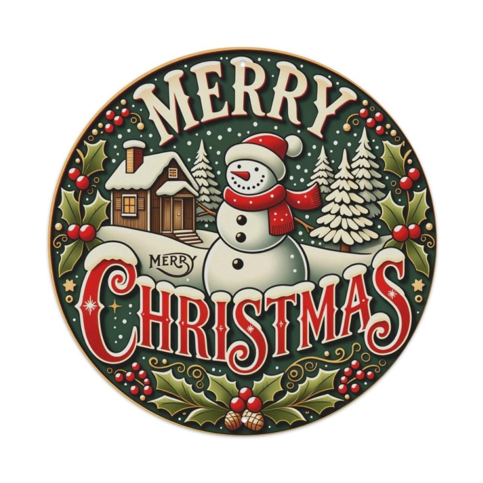 Vintage Forest Snowman Christmas Round Decor Sign Vintage Aluminium Metal Sign, Retro Wall Decor for Home, Bar, Garage & Farmhouse 20x20cm