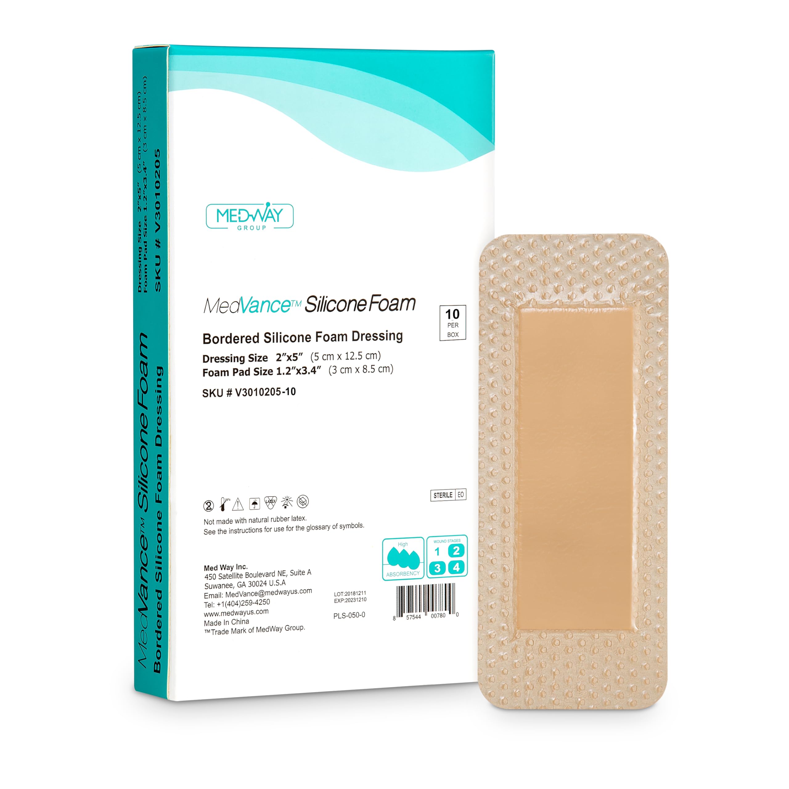 MedVanceTM Silicone - Bordered Silicone Adhesive Foam Dressing, 2"x5" (1.2"x3.4" pad) Box of 10 dressings