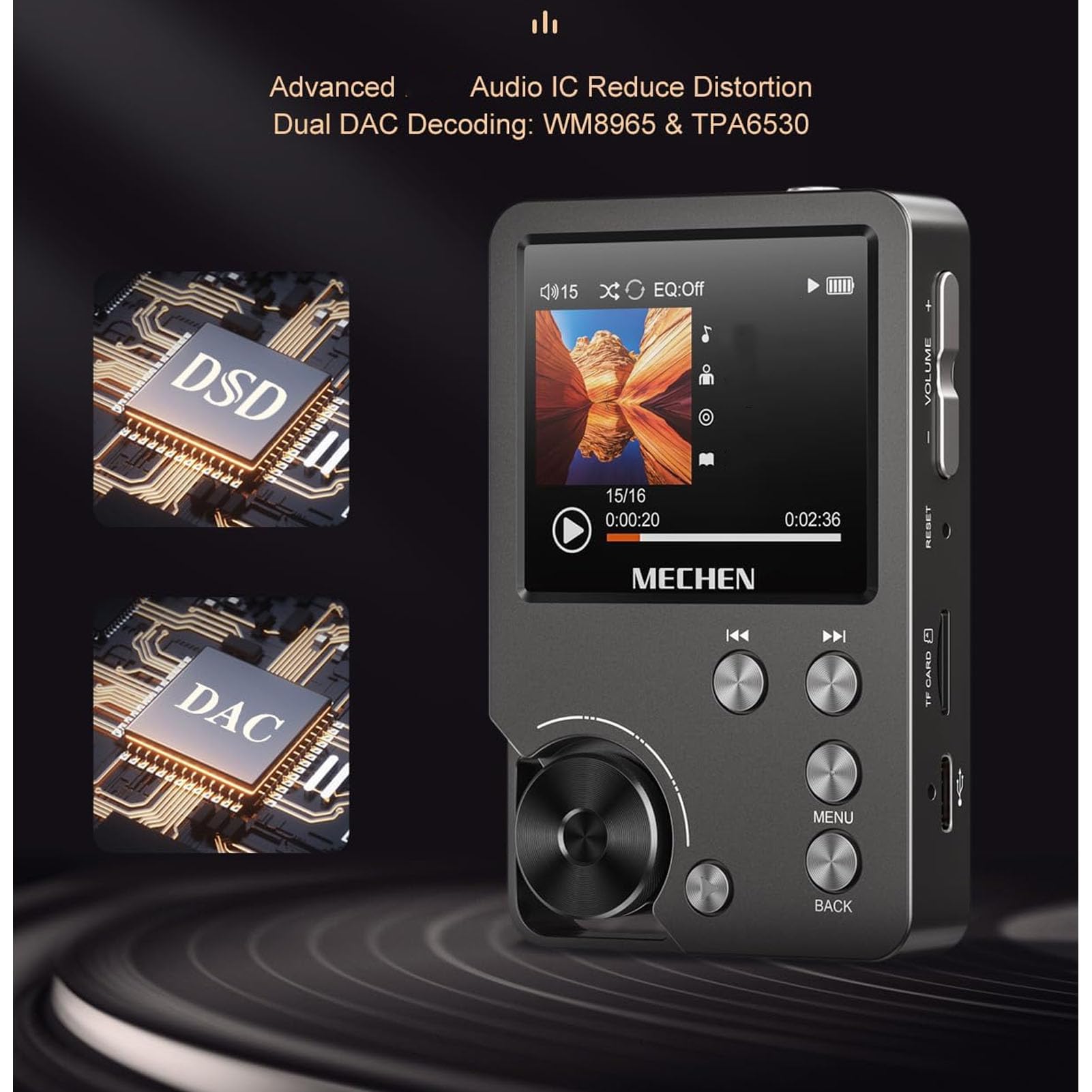 Hi Res MP3 Player, DSD 128 FLAC DAC Hochauflösender Verlustfreier Audio Player mit 64GB Speiche 2.0-Zoll-LCD-Display, Tragbarer MP3 Musik Player Unterstützt bis zu 256 GB