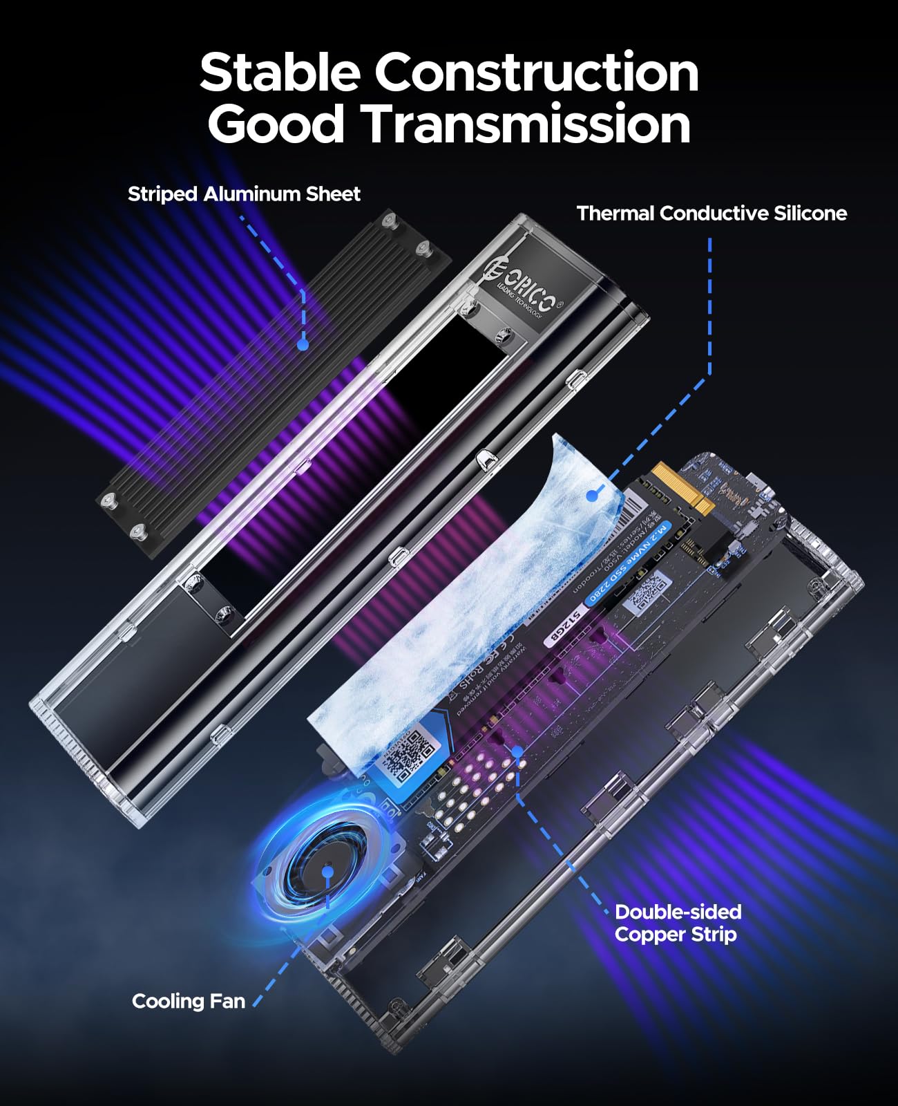 ORICO Obudowa NVMe SSD 40 Gbps z wentylatorem, beznarzędziowa obudowa M.2 SSD do Thunderbolt 4/3 USB 3.2/3.1/3.0, przezroczysty adapter M2 obsługuje M-Key SSD 2230/2242/2260/2280, TCM2-U4-BK
