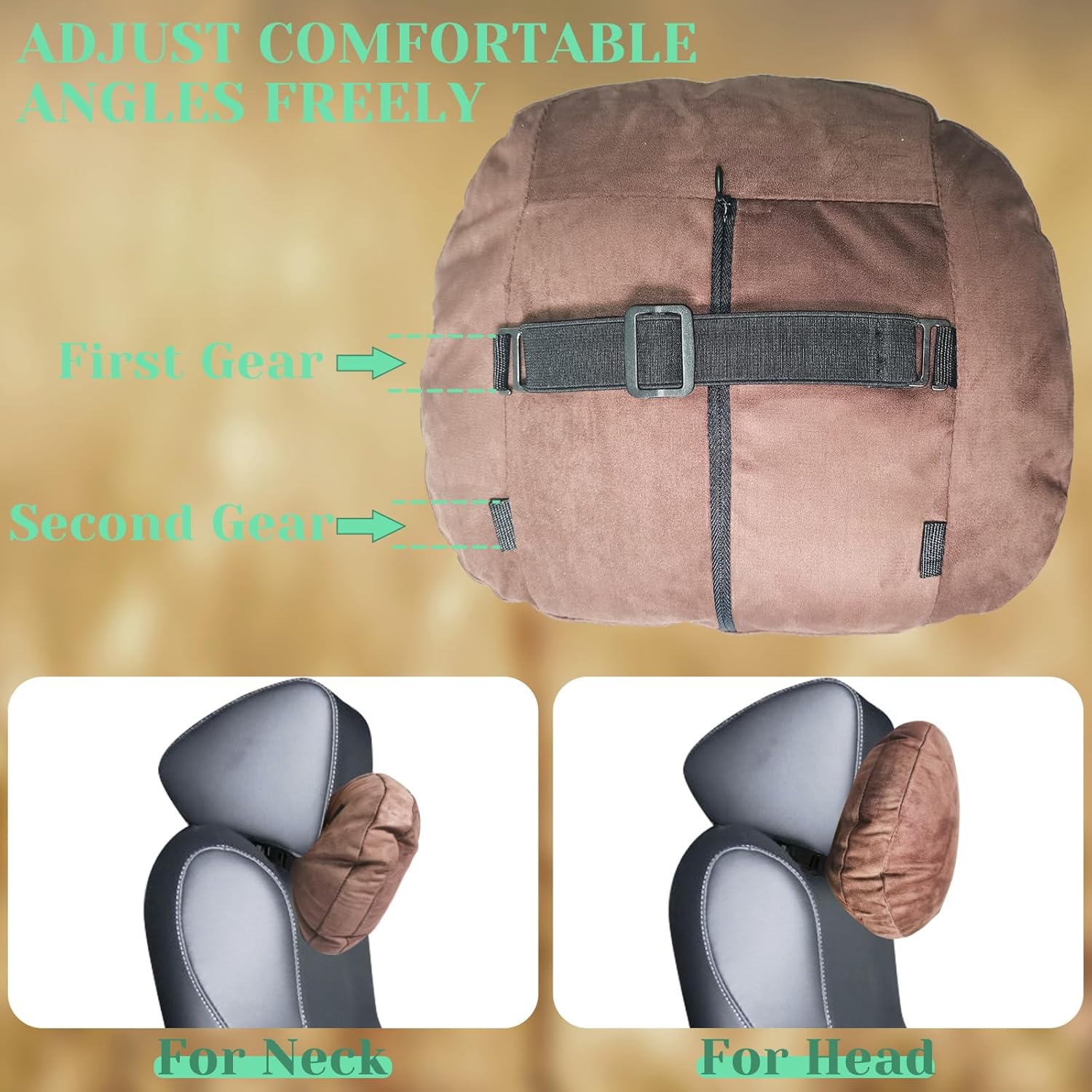 1 Pack Universal Car Headrest & Neck Support Pillow Soft Auto Seat Headrest Neck Rest Cushion for Driving with Adjustable Strap, Memory Cotton and Removable Cover, Ergonomic Design Brown