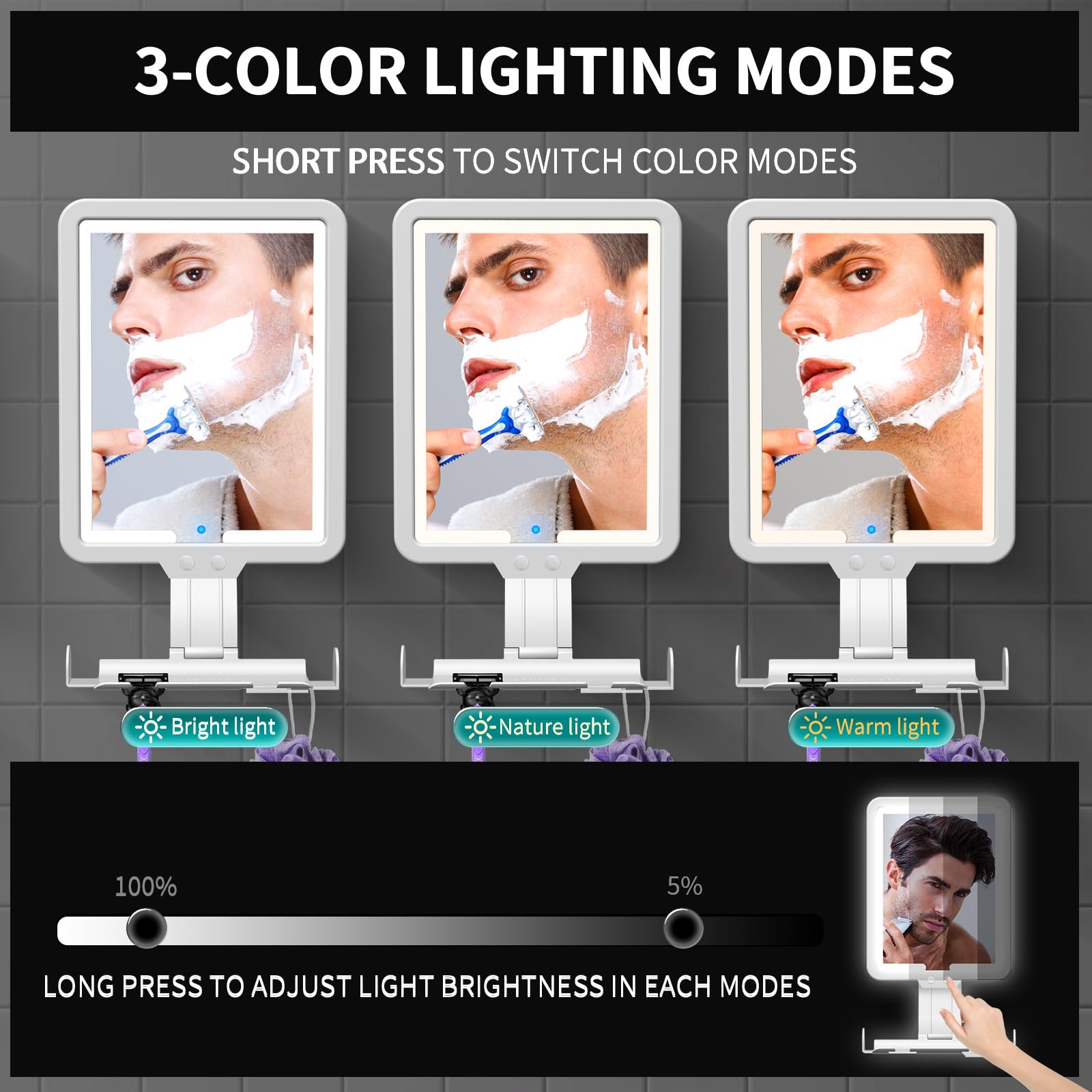 White Heated Fogless Shower Mirror with Dimmable Light