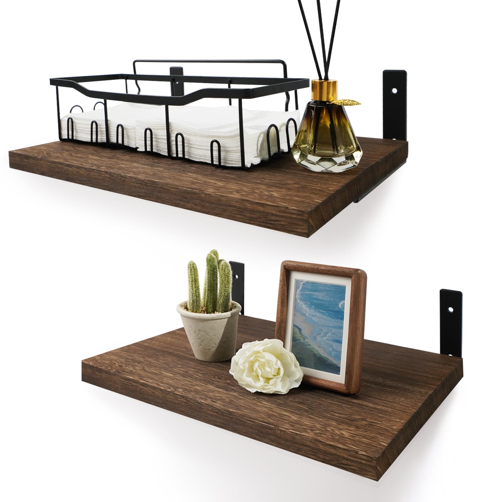 Floating Shelves, 12" Deep, Large Capacity Wood Wall Mounted Rustic Farmhouse Shelves for Home Decor(Living Room Kitchen Bathroom Bedroom),Storage and Display Shelf 2 Set (Dark Brown)