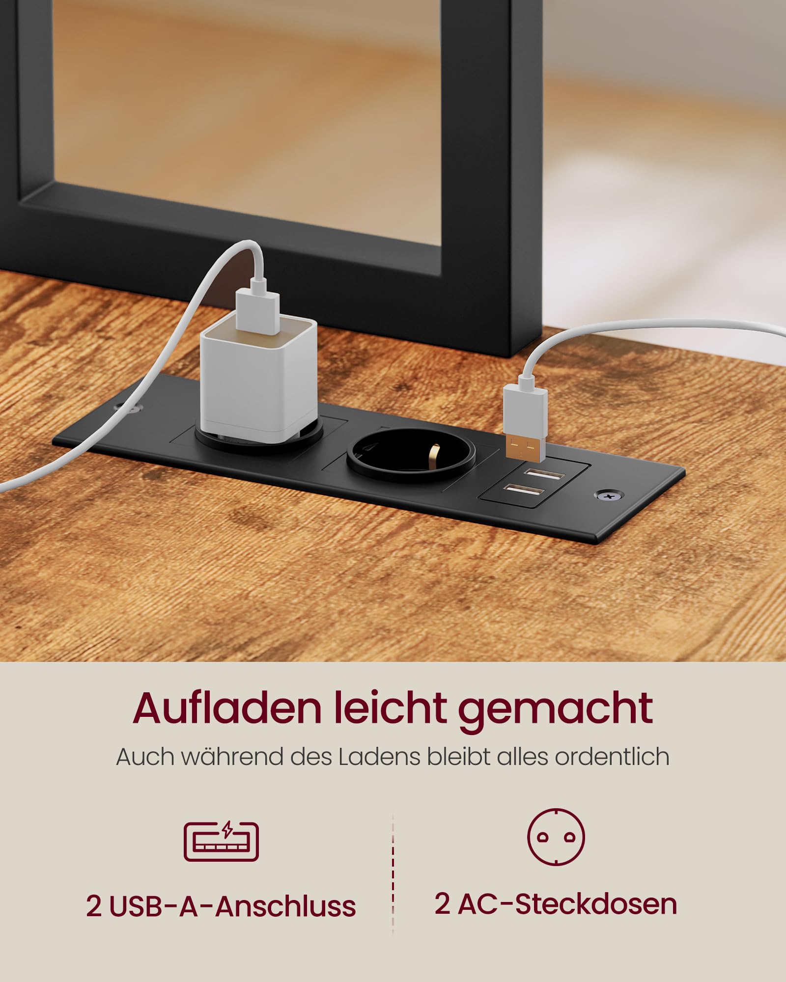 VASAGLE L-Form Schreibtisch, Eckschreibtisch mit Steckdosen und LED-Beleuchtung, Computertisch mit 3 Schubladen und Monitorständer, 140 x 100 x 150 cm, Vintagebraun-Schwarz, LWD162K101