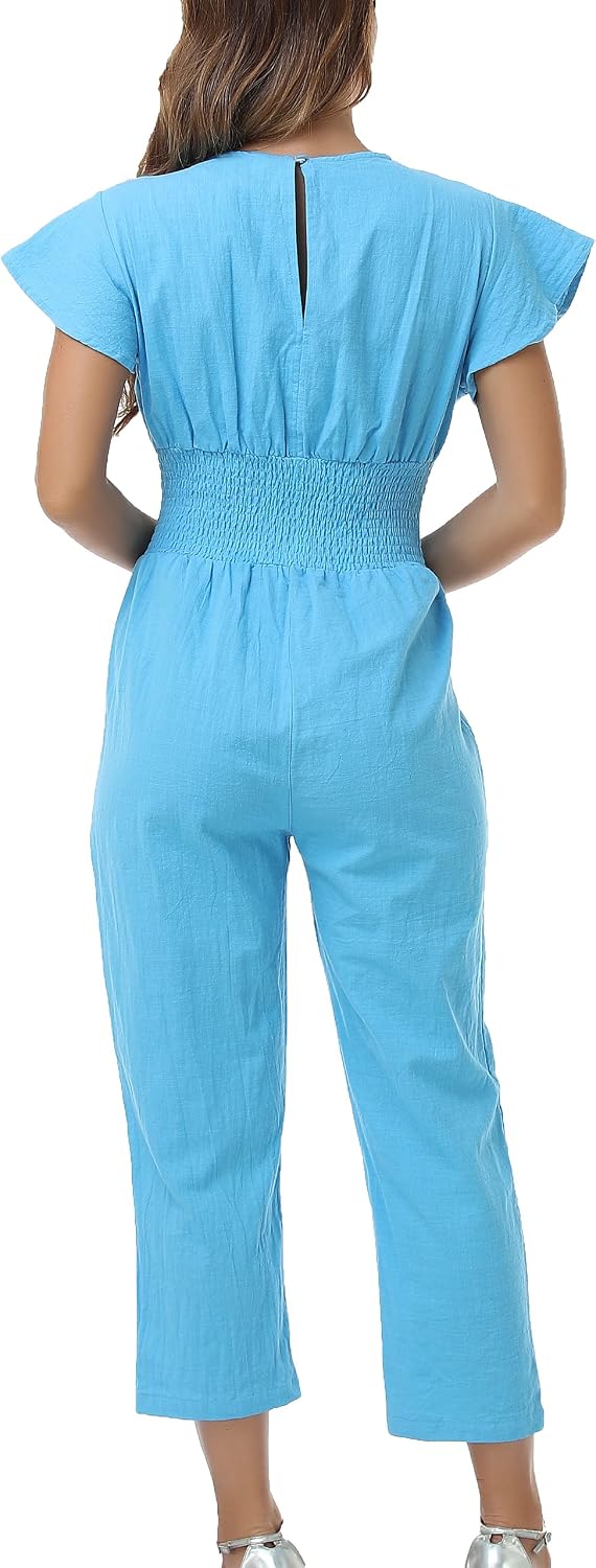YZXDORWJ Women's Mexican Floral Embroidered Jumpsuits Casual Lace Short Sleeves Pants with Two Pockets