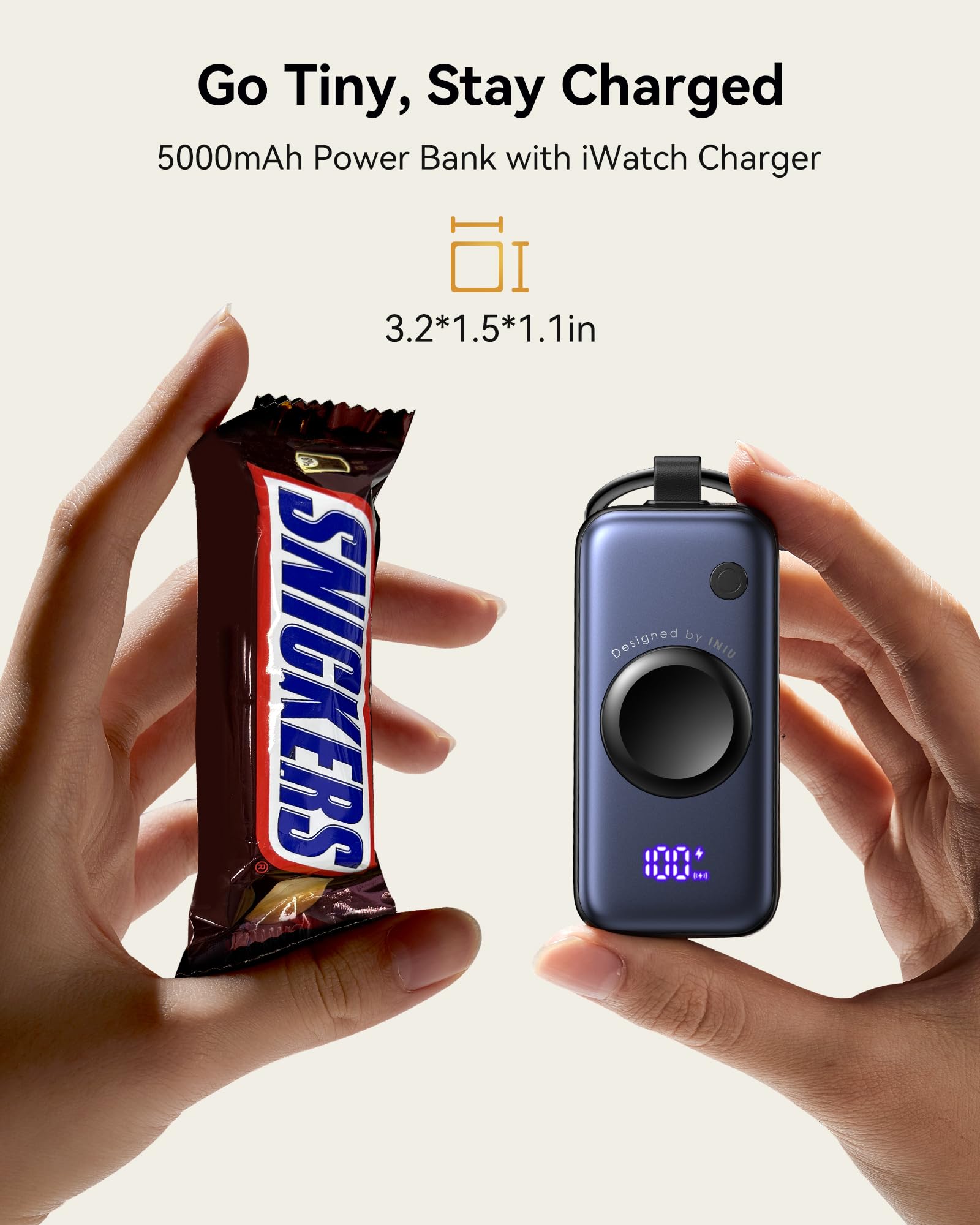INIU Power Bank pour Apple Watch, Batterie Externe 5000 mAh avec câble intégré, Porte-clés de Voyage, écran LCD pour iWatch 10/9/8/Ultra2/Ultra/SE, iPhone 16/15, Blanc