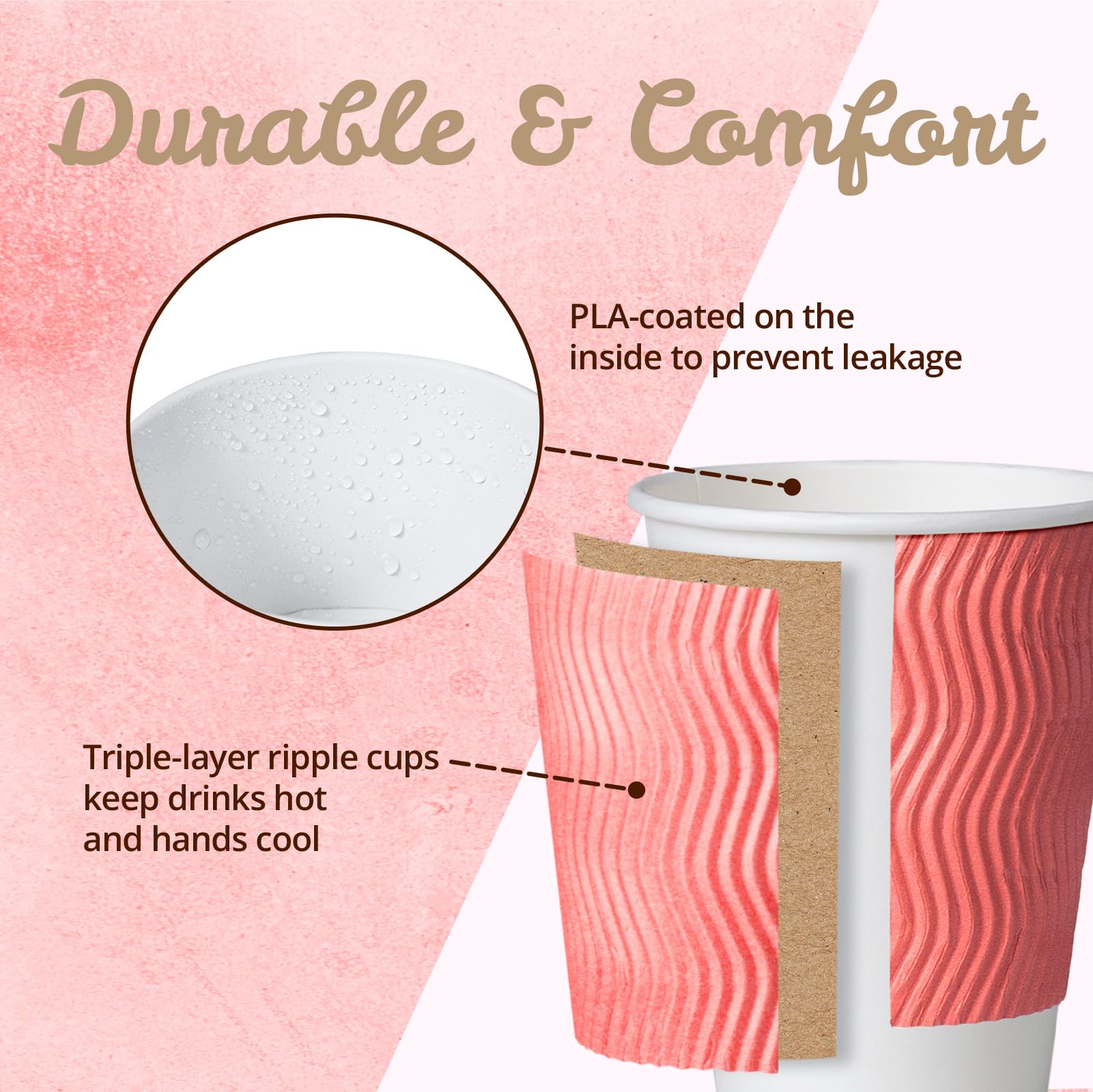 MATICAN Lot de 50 tasses à café en carton ondulé isotherme, jetables, avec couvercles, parois ondulées pour boissons chaudes ou froides, corail, 355 ml