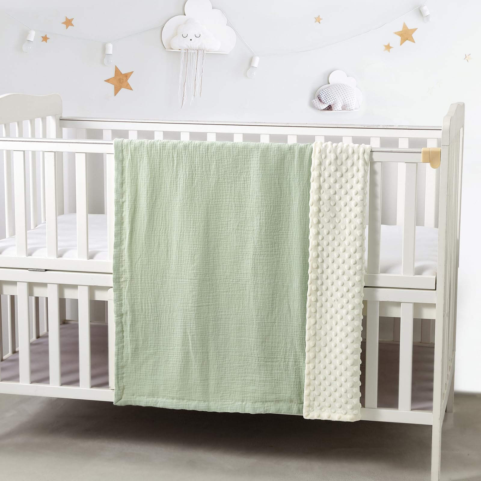 CREVENT 2Pcs 75cmX100cm Cute Cozy Fluffy Warm Baby Blankets for Infants Toddlers' Bedding Crib Cot Stroller - Grey Cloud + Muslin Green - Image 3