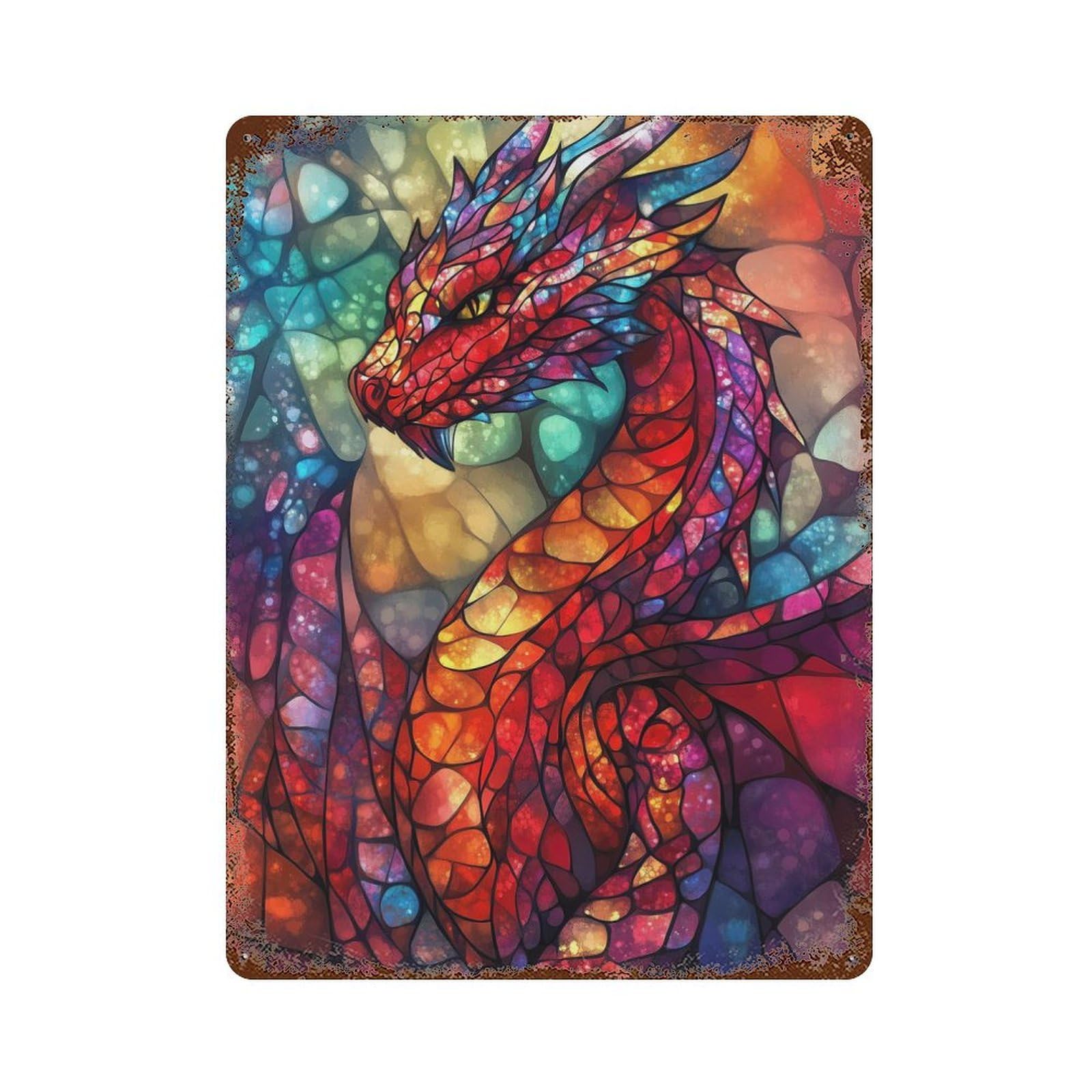 Rustic Tin Plaque with Glowing Stained Glass Dragon Design 15.7"x11.8", for Cafe, Home Bar And Lounge Decor, Novelty Wall Decor