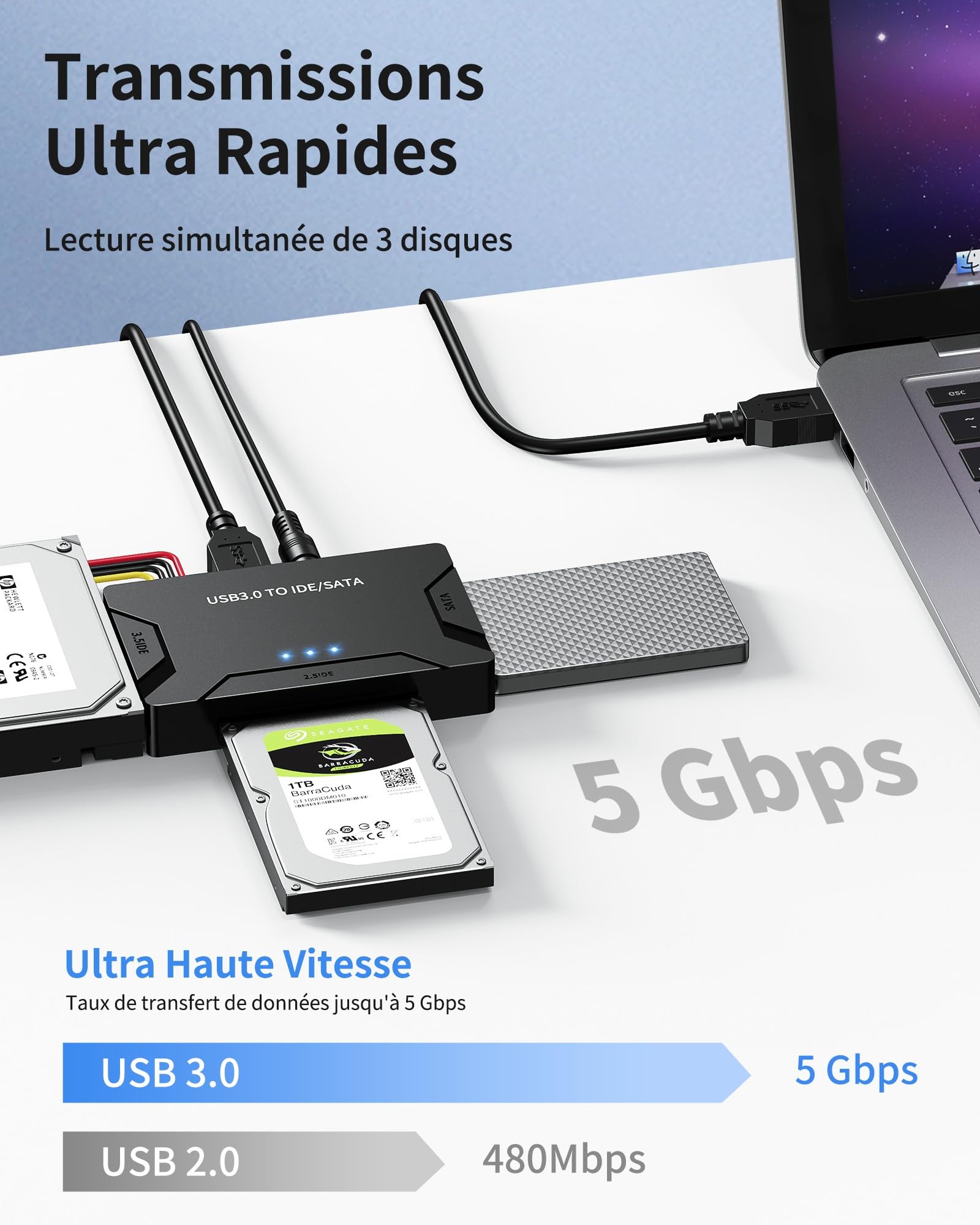 Posugear Adaptateur USB 3.0 vers IDE et SATA pour disques durs 2.5 et 3.5, convertisseur SATA IDE pour Windows XP, Vista 7 et 8