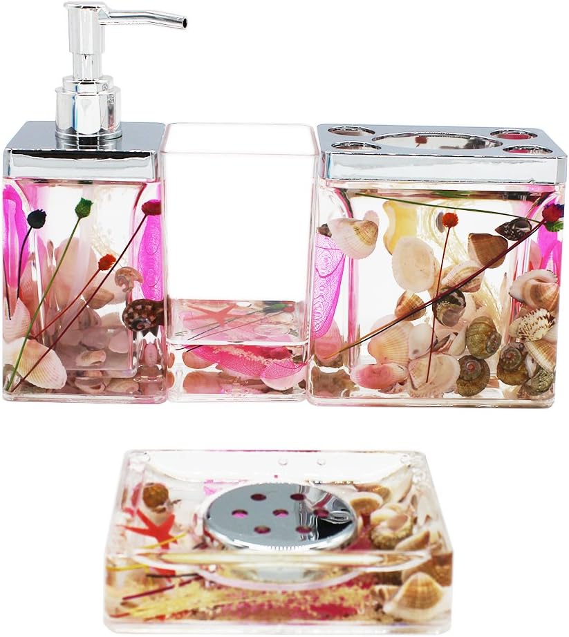 EUMAT Ocean Seashells Series Bathroom Accessories Set Acrylic 4 Piece Pink Cute Bath Set With Lotion Dispenser, Toothbrush Holder, Soap Dish and Tumbler, NB4-028