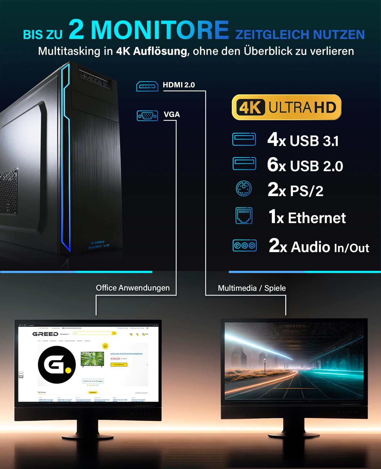 Greed® Multimedia V2 PC mit Intel Core i7 10700F - Schneller Rechner + Computer für Büro & Home Office mit 4,8 GHZ, 16GB RAM/Arbeitsspeicher - 512GB SSD - DVD+RW - USB3.1 - WLAN, inkl. Windows 11 Pro