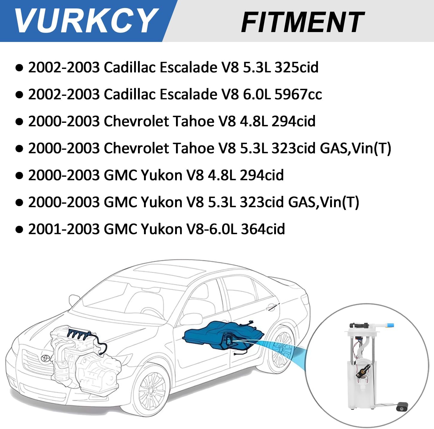 Electric Fuel Pump with Fuel Pressure Sensor Compatible with Cadillac Escalade 2002 2003 V8 5.3L 6.0L, Chevy Tahoe 2000-2003 V8 4.8L 5.3L, GMC Yukon 2000-2003 V8 4.8L 5.3L 6.0L GAS, E3508M