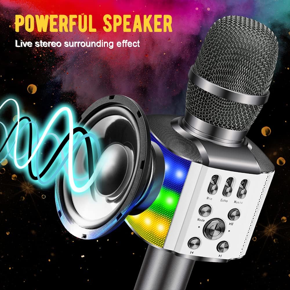 BONAOK Wireless Bluetooth Karaoke Microphone with Controllable LED Lights, 4 in 1 Portable Mic Speaker for All Smartphones, Birthday Gifts for Kids & Adults(Q36 Space Gray)