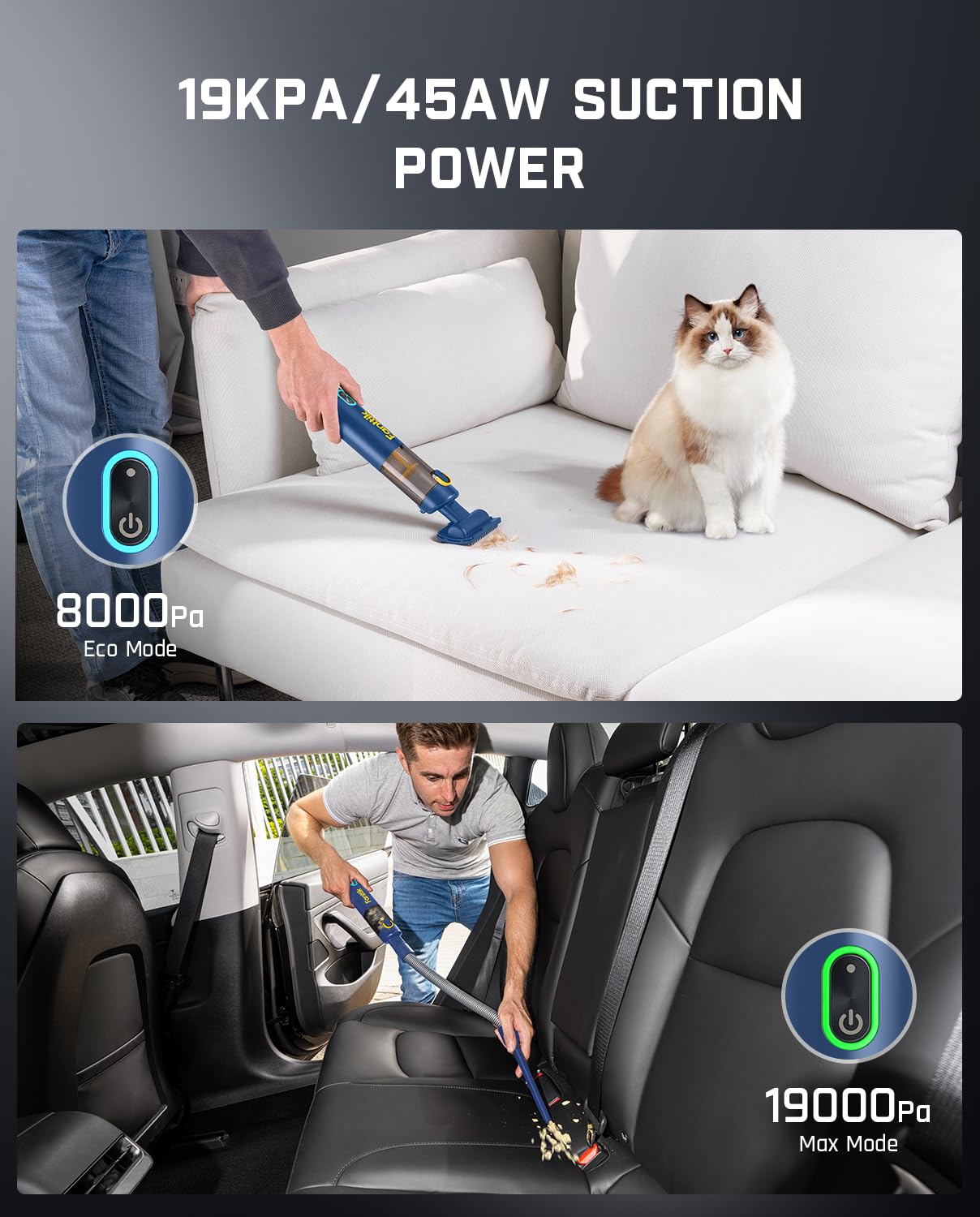 Fanttik Slim V8 APEX Cordless Car Vacuum & Air Duster 4-in-1 Portable Mini Vacuum with 19000pa Suction Power for Pet Hair Type-C Charge One-Touch Empty for Car Office Desk Keyboards Blue product thumbnail 3