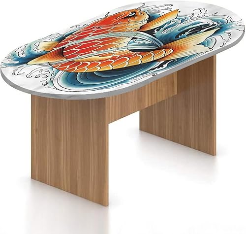 Mantel ajustable ovalado, diseño de pez Koi de poliéster elástico, estilo tatuaje, estampado de ondas japonesas, se adapta a mesas ovaladas de hasta