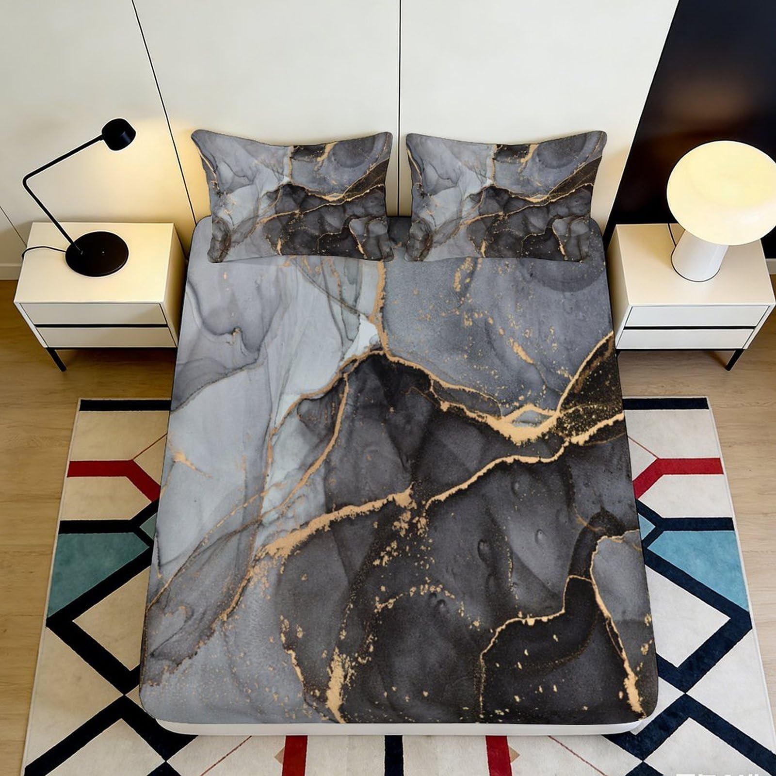 Jqzkxnhpbr Style-3 3D Printed Marble Gold Vein Fitted Sheet Microfiber Soft Grey Black Bed Cover For Bedroom Guest Room Decor 90X200x25cm