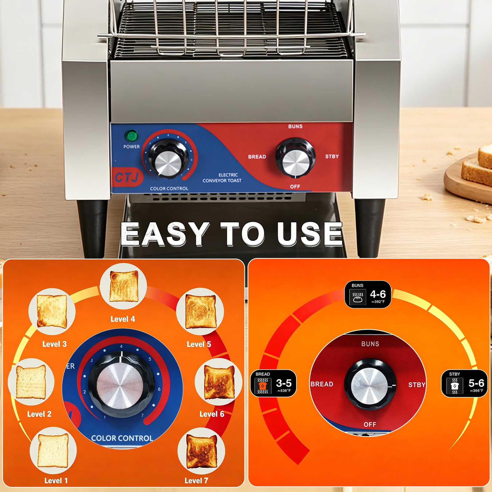 CTJ - tostador comercial de acero inoxidable de 300 rebanadas/horas, tostador eléctrica, tostador de restaurante resistente, tostador para tostadas, cruasanes, panecillos de panecillos