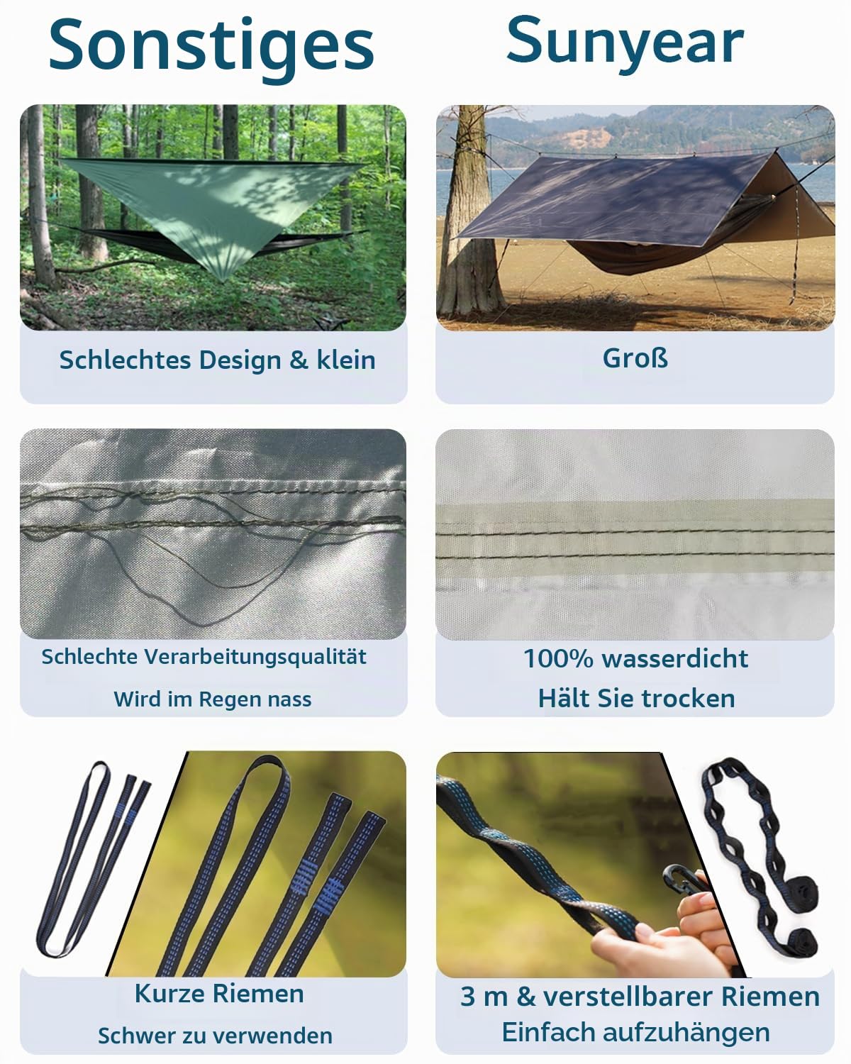 Sunyear Hängematte Camping mit Regenplane und Netz, tragbare Camping-Hängematte, Doppelbaum-Hängematte, Outdoor, Indoor, Rucksackreisen, Reisen und Überleben, 2 Baumgurte, 100 % wasserdicht, schwarzes