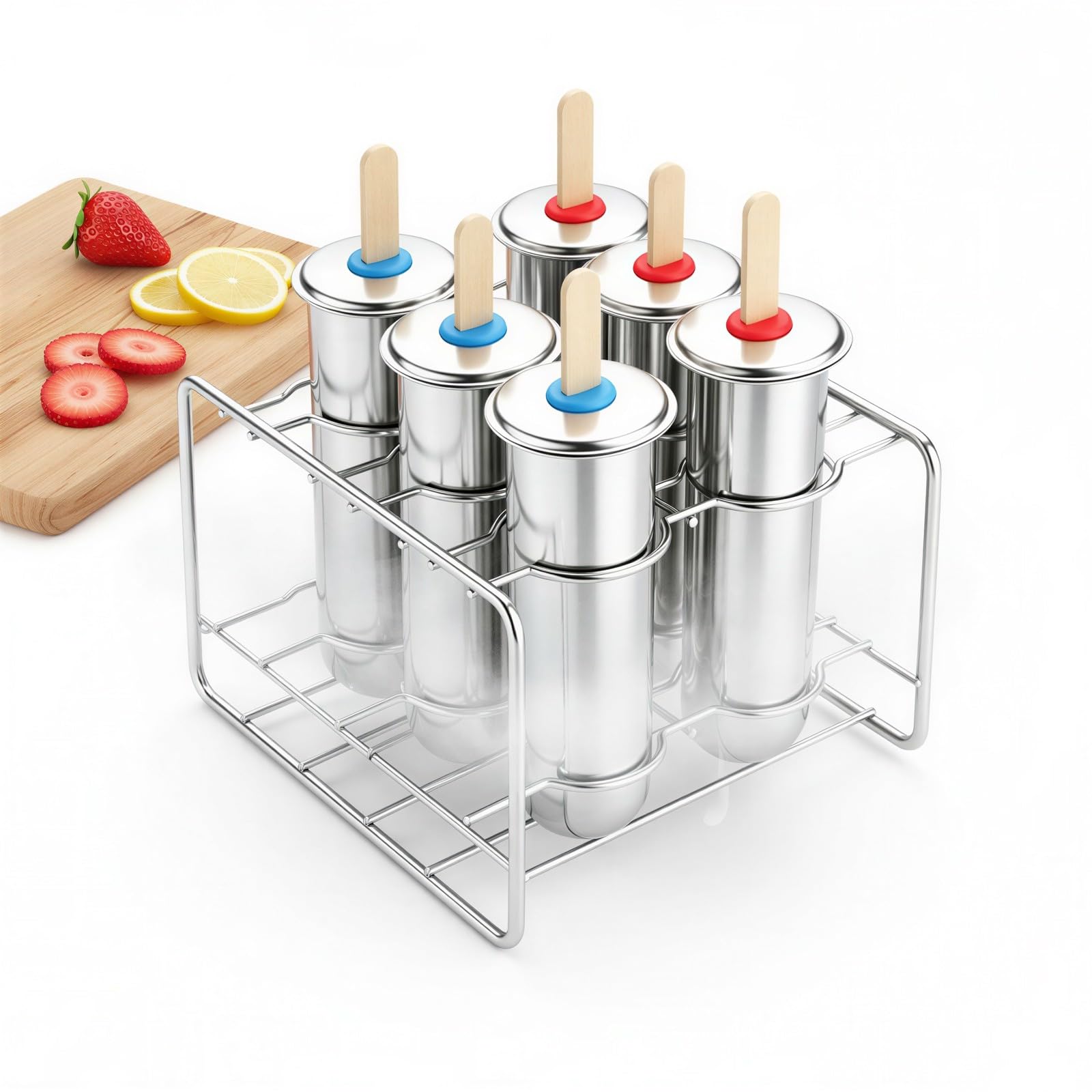 6 Stück Edelstahl-Eisformen mit Ständer, wiederverwendbares Zylinder-Eiscreme-Set mit Stäbchen und Beuteln, gefrierbar, hausgemachtes Eis, runde Becherform für selbstgemachte gefrorene Leckereien