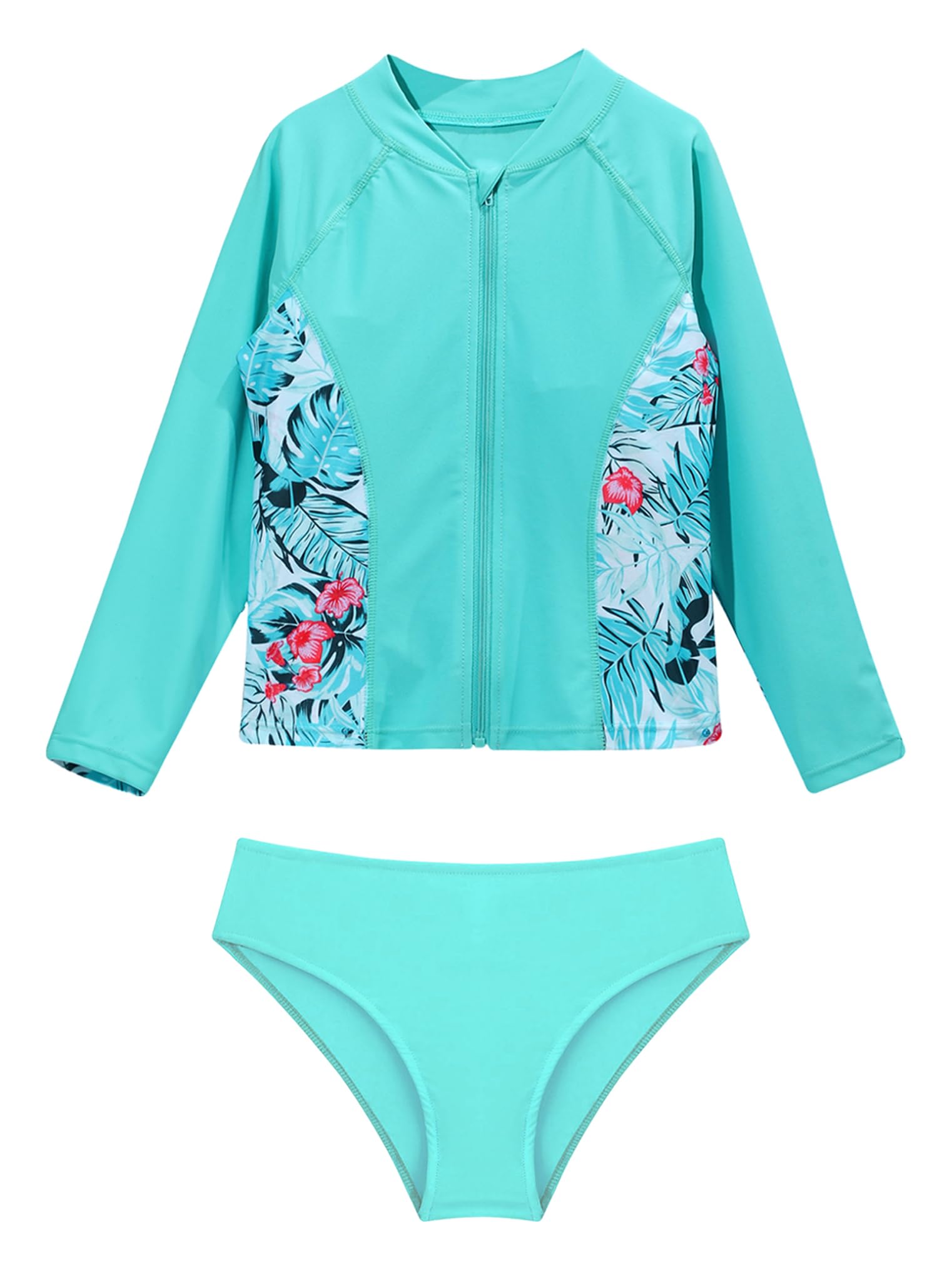 Choomomo Kids Girls Long Sleeves UPF 50+ Sun Protection Rash Guard Swimsuits Beach Pool Bathing Suits Lake Green A 16 Years