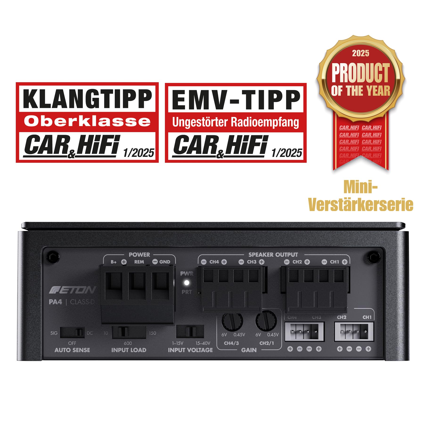 ETON PA 4 – ultra kompakter 4 Kanal Verstärker, leistungsstarke digitale Micro Endstufe für Autos und Reisemobile, Class D Amp mit 2 x 45 + 2 x 80 Watt