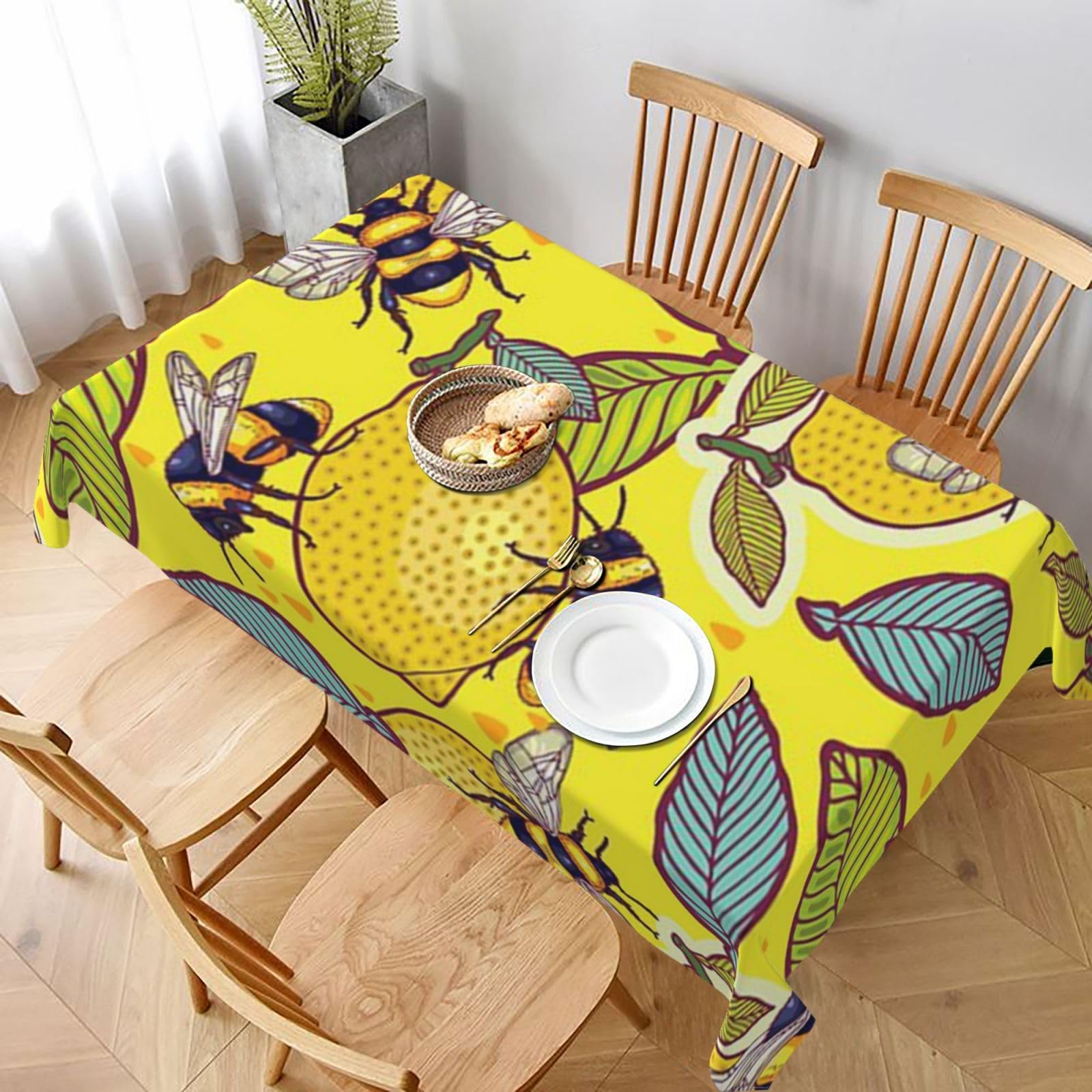 BNVSADC Yellow Lemon and Bee Printed Rectangle Tablecloth 228x152 CM, Water Resistant Polyester Table Cloth Decorative Fabric Table Covers for Kitchen Dining Table Parties Camping