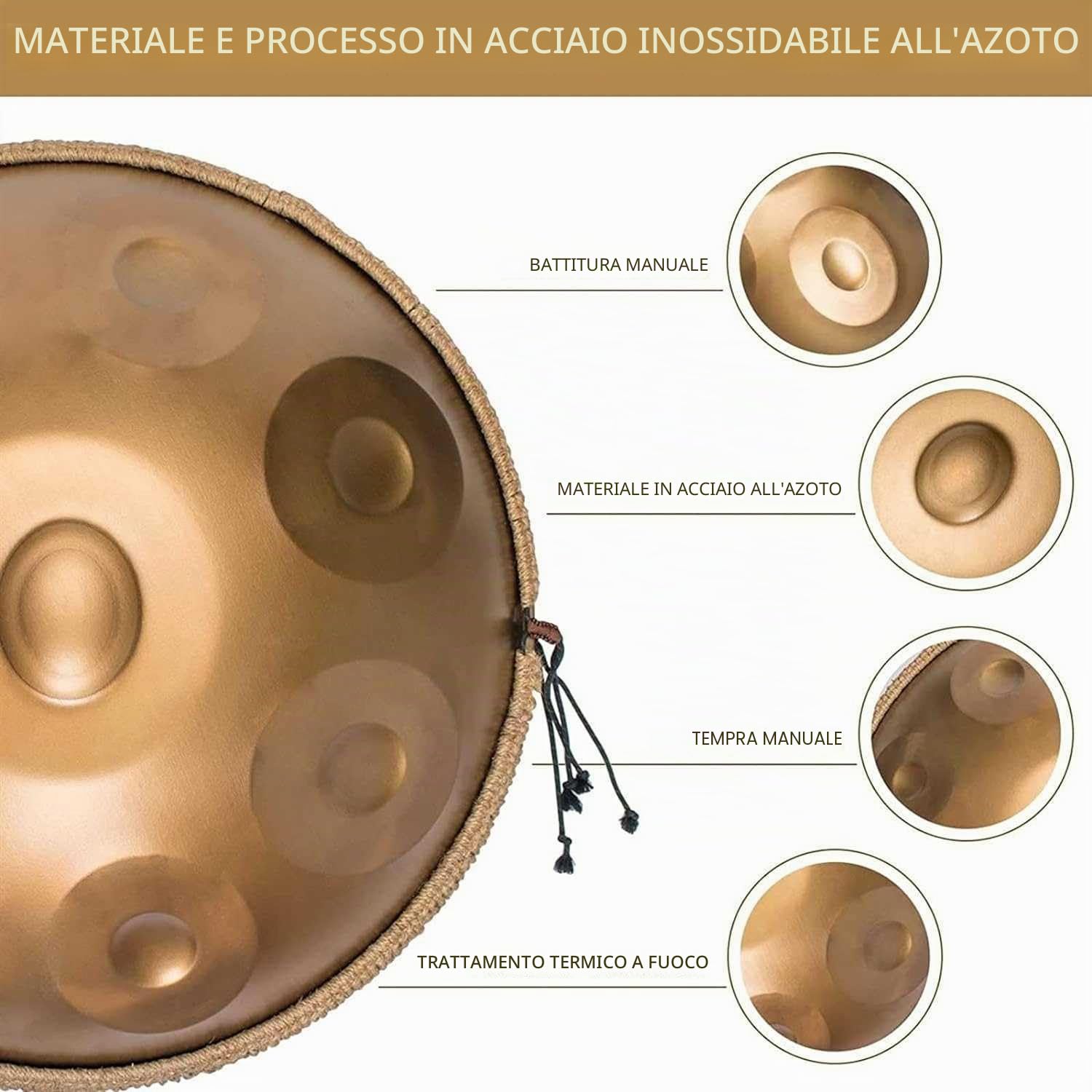 Handpan Steel Tamburo 432Hz 56 cm Oro Performer D-minl - 14 note con custodia morbida, supporto e panno per la pulizia, batteria