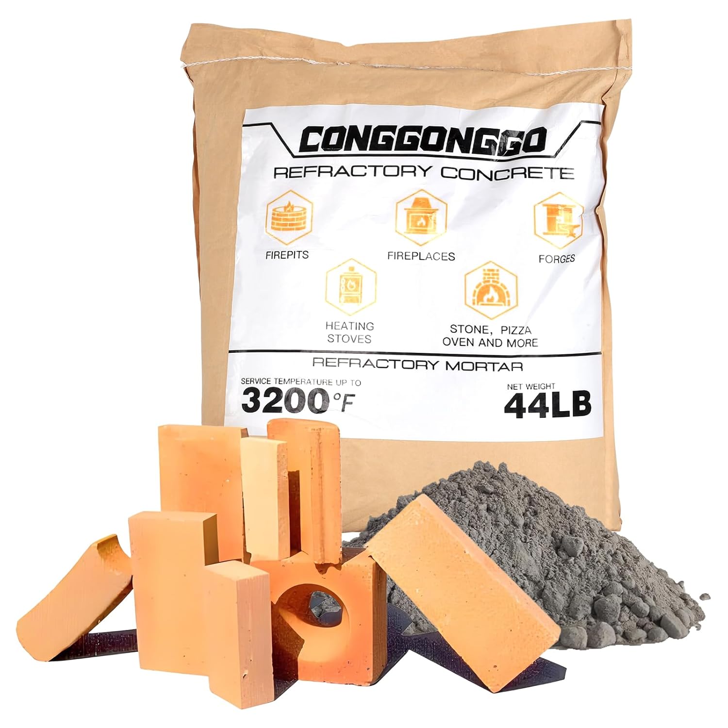 44 Lbs Castable Refractory Cement Mix - 3200°F High Temp, Heat & Fire Resistant for Pizza Ovens, Fireplaces, Forges, Kilns, Stoves - Build & Repair Mortar (44LB)