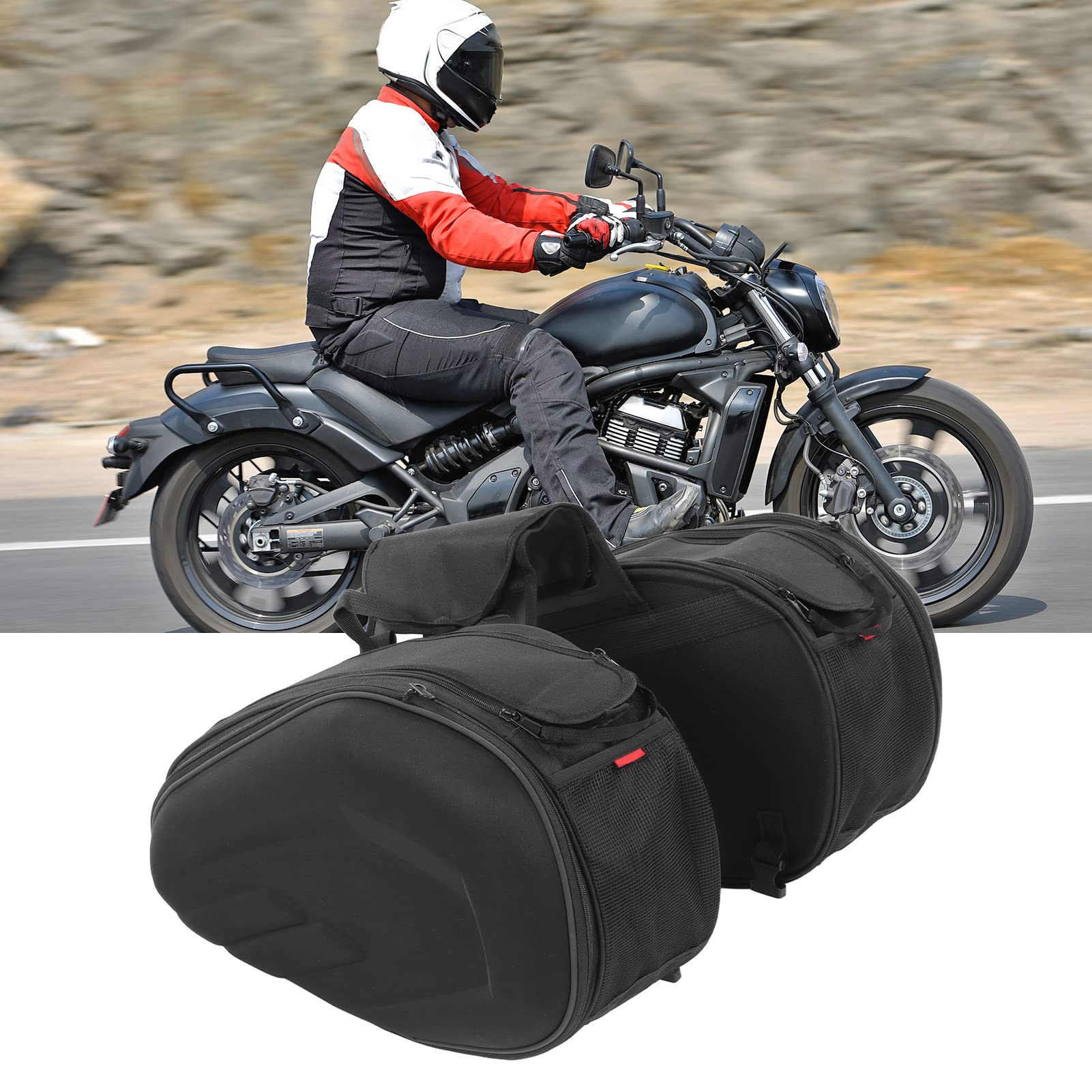 Motorrad-Satteltaschen-Paar, Robustes 600D-Oxford-Gewebe, großes Fassungsvermögen, 36 l, 58 l, Schwarze Seitentaschen mit Regenschutz (Schwarz)