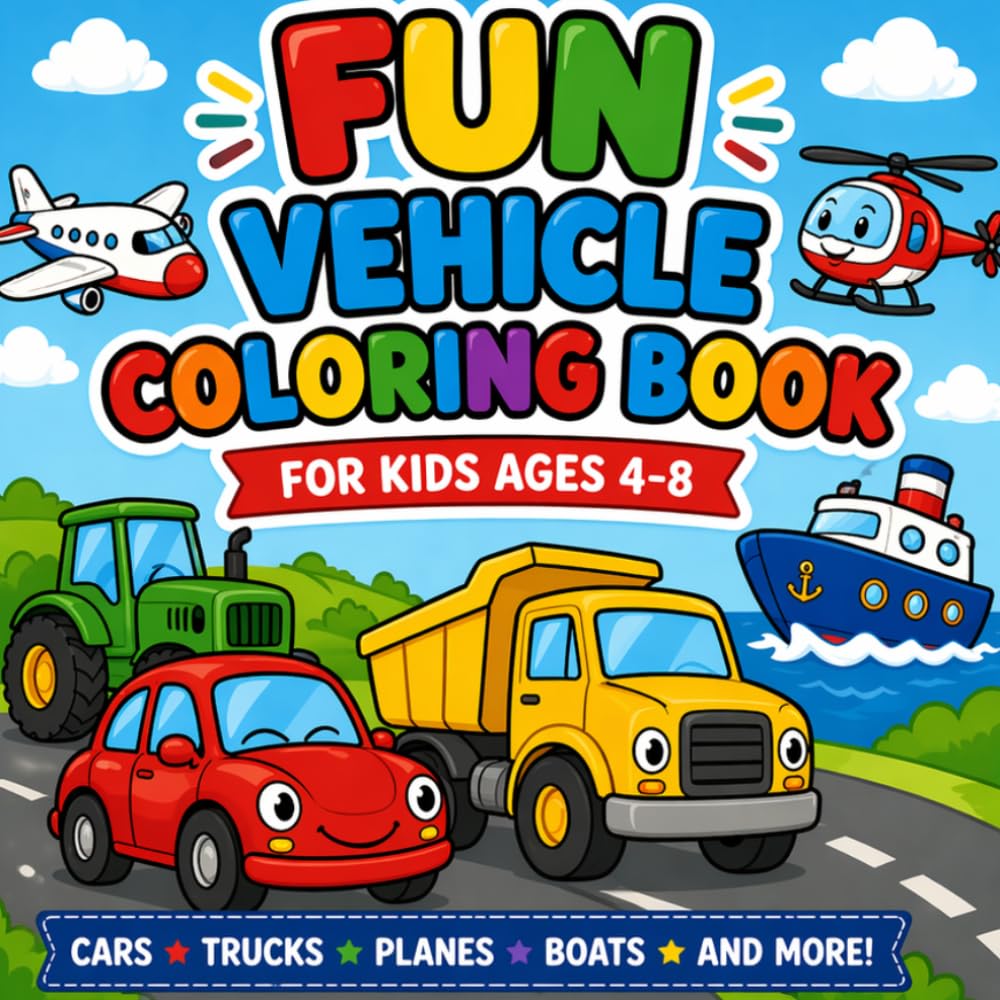 FUN VEHICLE COLORING BOOK FOR KIDS AGES 4–8: Cars, Trucks, Planes & More | Easy and Fun Coloring Pages for Boys and Girls