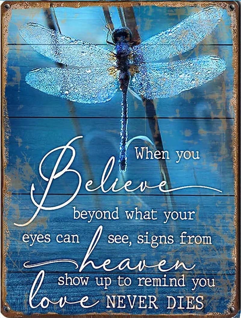 Dragonfly Remind You Love Never Dies Creative Tin Sign Funny Novelty Metal Sign Retro Wall Decor for Home Gate Garden Bars Cafes Farm Store Pubs Club Sign Gift 8x12 Inch