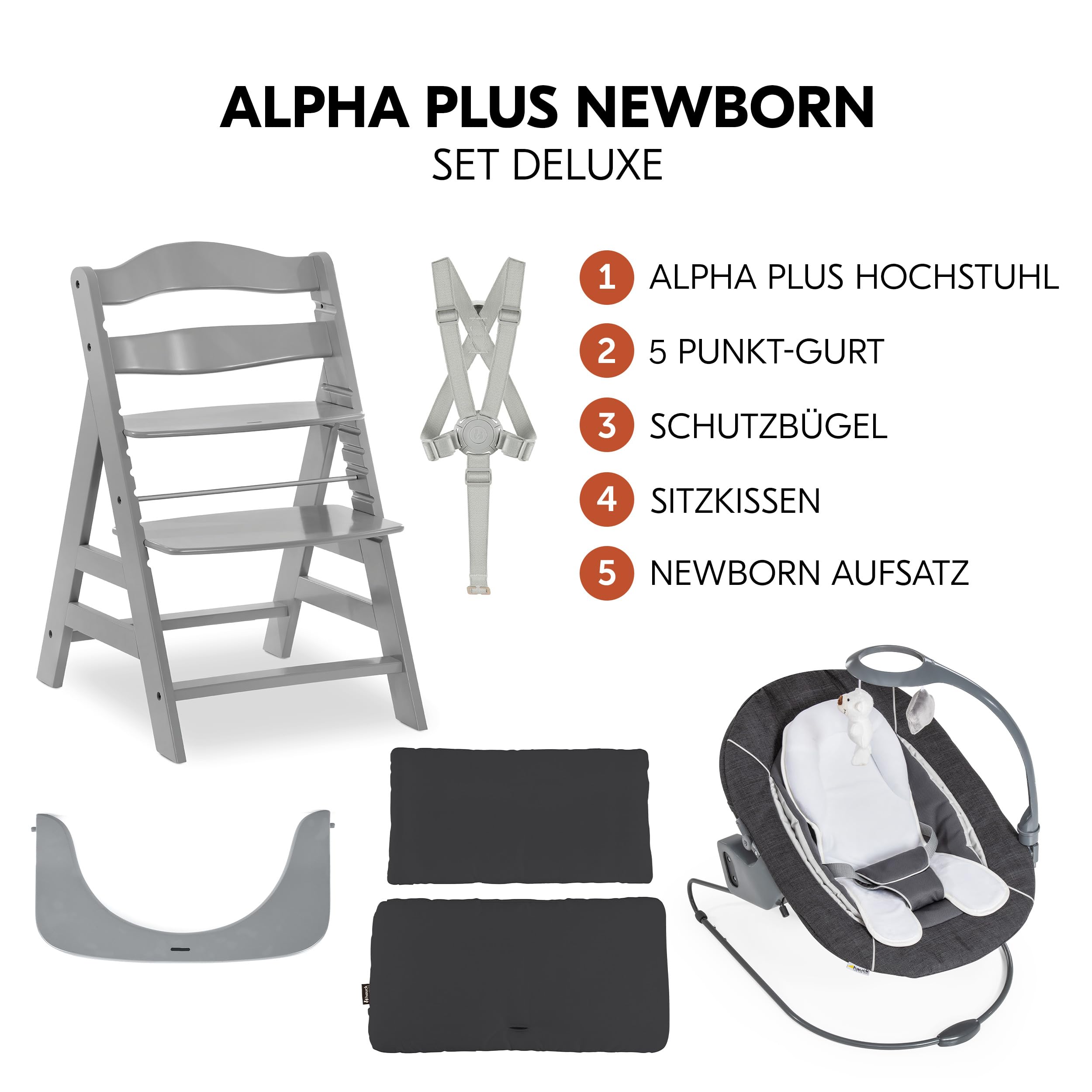 hauck Alpha+ Hochstuhl Newborn Set mit Deluxe Bouncer - Grau | Mitwachsender Holz Kinderhochstuhl ab Geburt bis 90 kg | inkl. Neugeborenenaufsatz & Sitzkissen