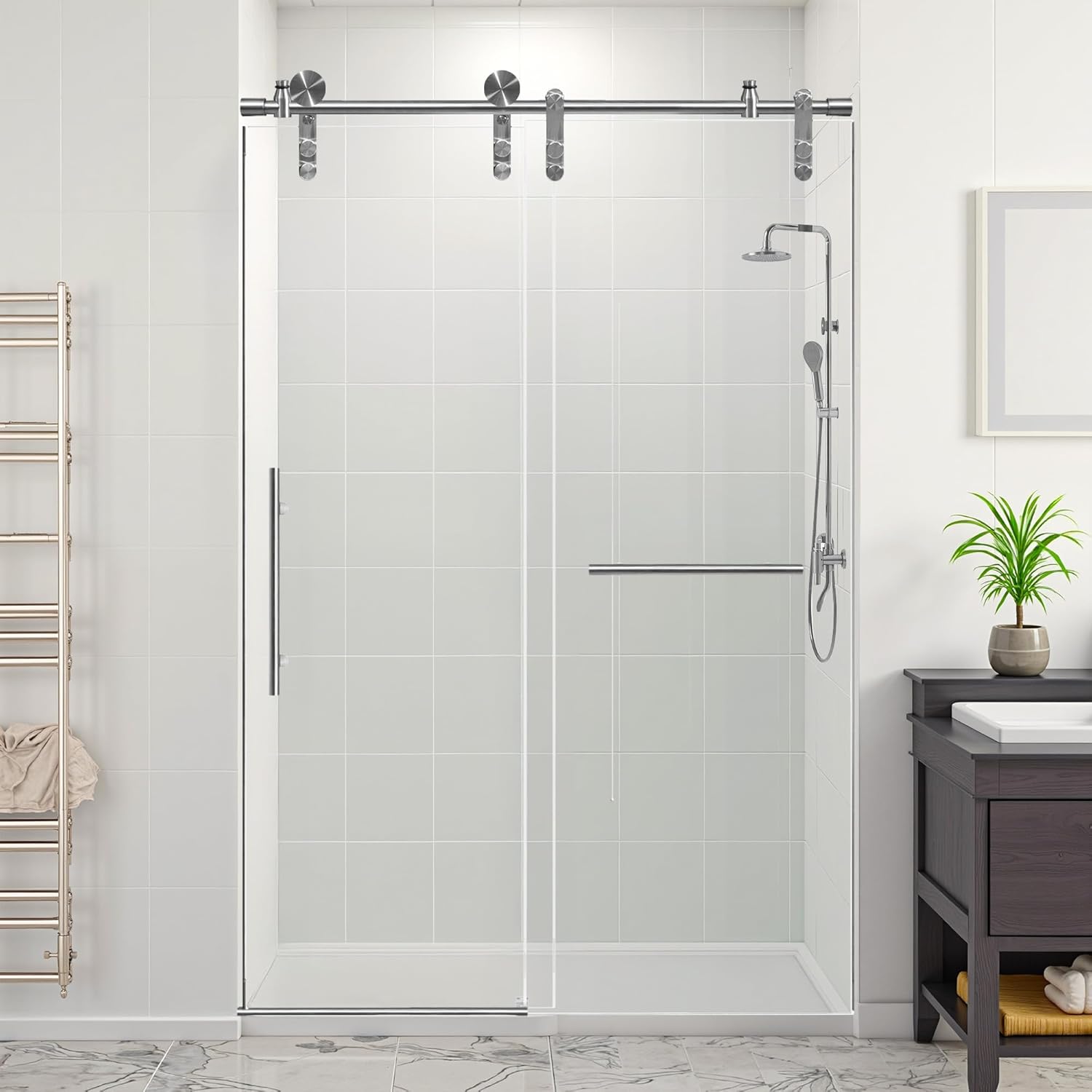frameless shower door 44-48" w x 76" h, 5/16" (8mm) thick sliding glass shower door, ansi-certified tempered glass and stainless steel hardware, easy reversible diy set up, brushed nickel 48"w x 76"h brushed nickel